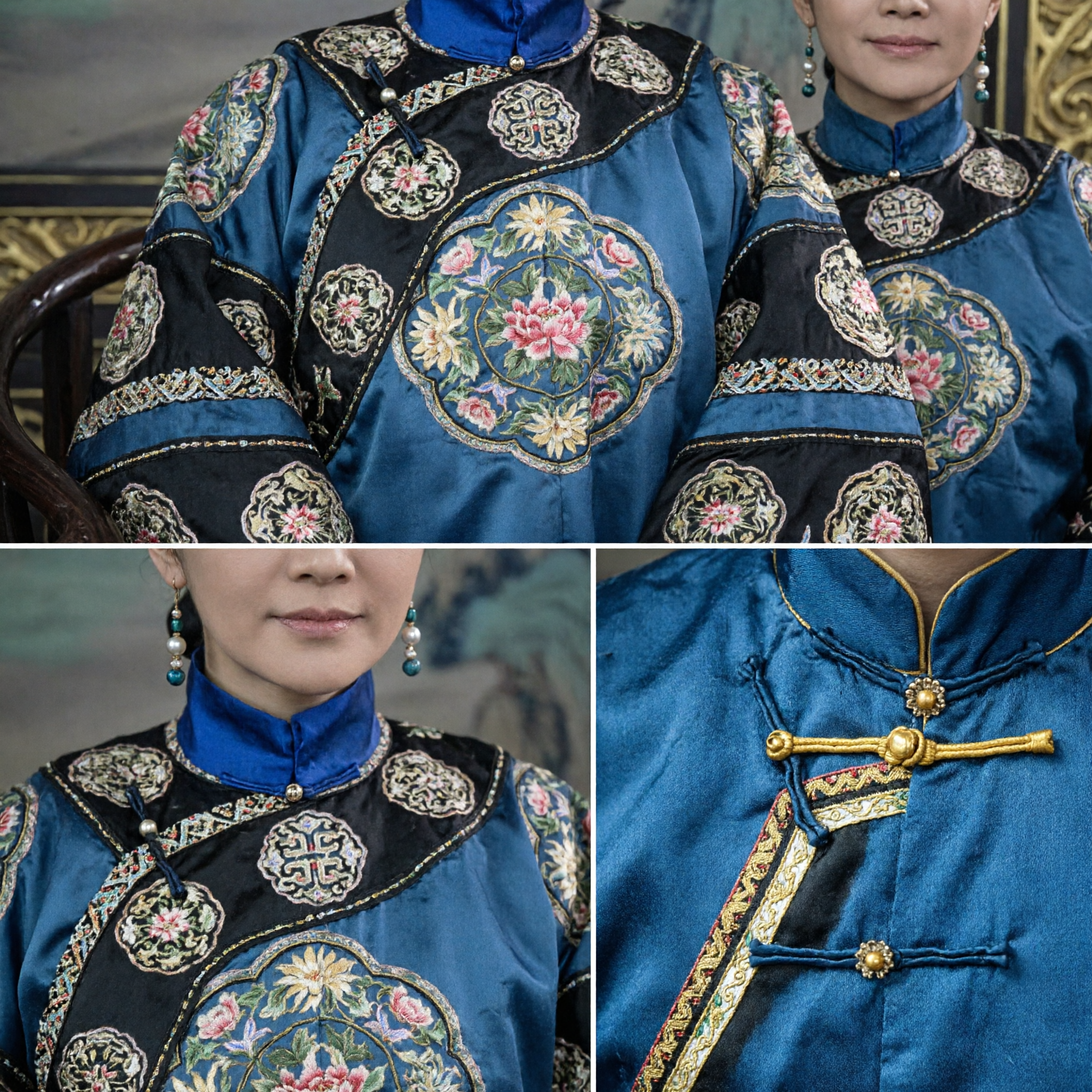 Chinese Traditional Qing Dynasty Manchu Empress Costume Blue Embroidered Palace Robe with Headdress for Women Historical Cosplay