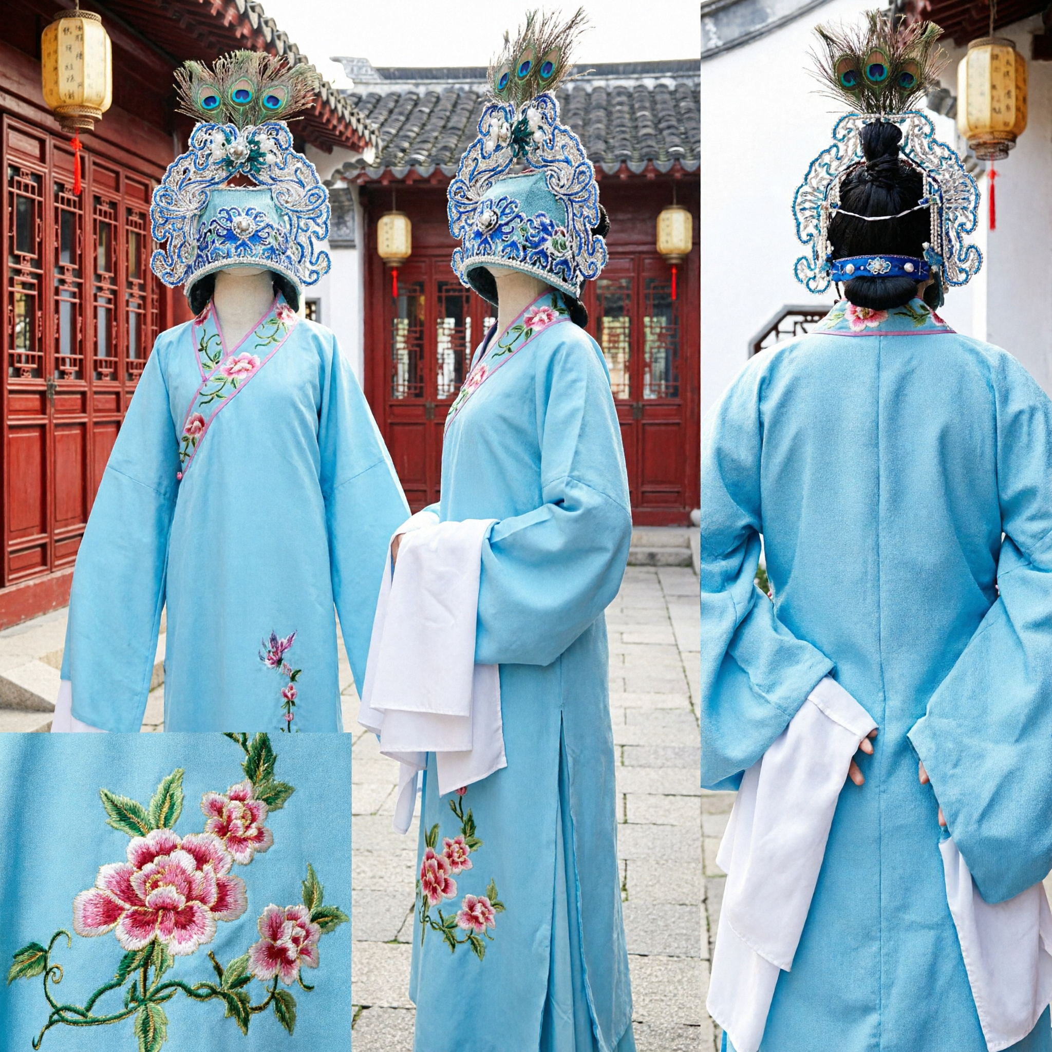 Traditional Chinese Peking Opera Blue Scholar Costume Embroidered Robe and Headdress Set for Men Stage Performance