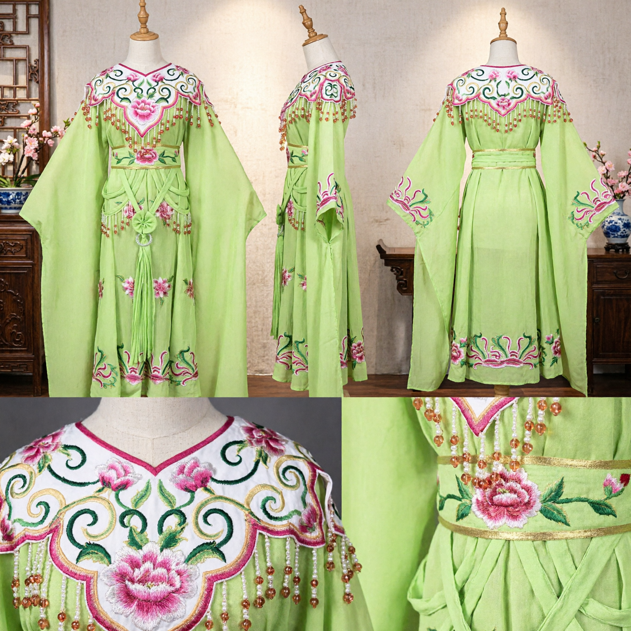 Traditional Chinese Peking Opera Costume Green Embroidered Dress with Water Sleeves for Female Stage Performance