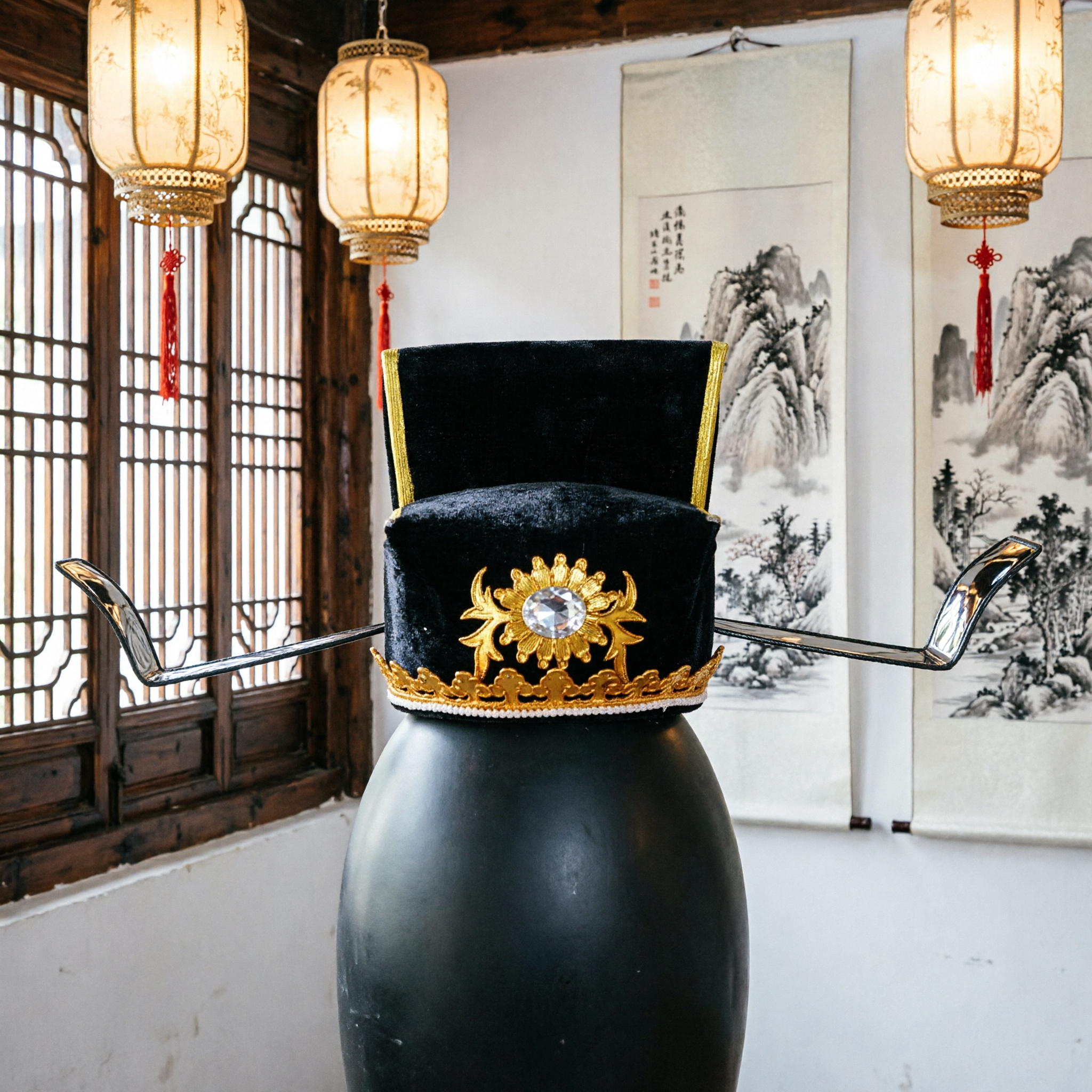 Traditional Chinese Ancient Ming Dynasty Official Black Gauze Hat with Gold Wings for Hanfu Cosplay