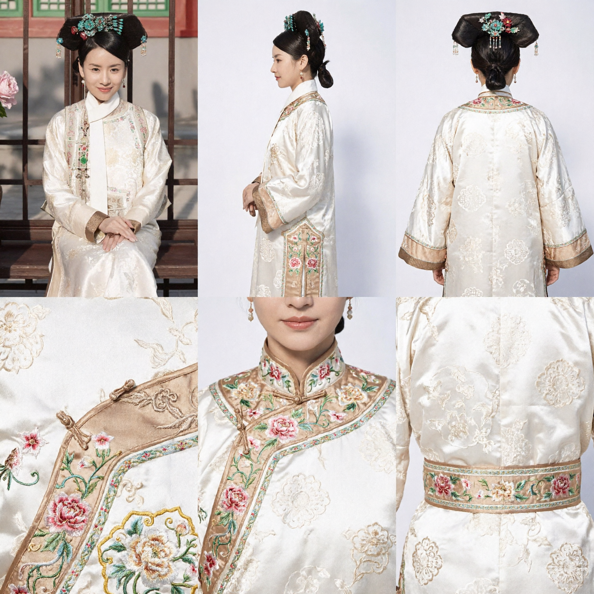 Traditional Chinese Qing Dynasty Manchu Princess Costume White Embroidered Robe Ancient Palace Dress for Women