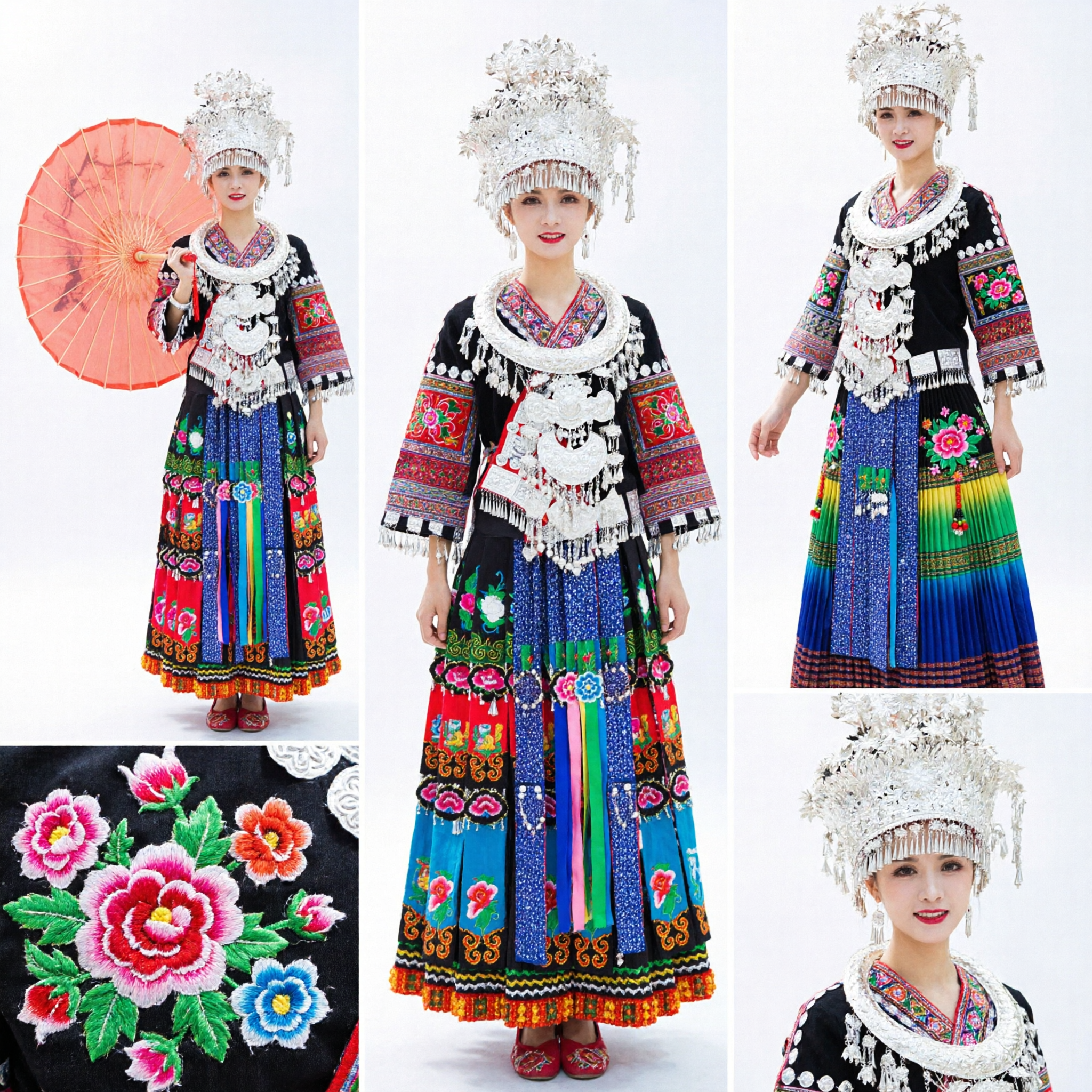 Traditional Chinese Miao Ethnic Costume Women Embroidered Dress Silver Headdress Folk Dance Stage Performance Outfit