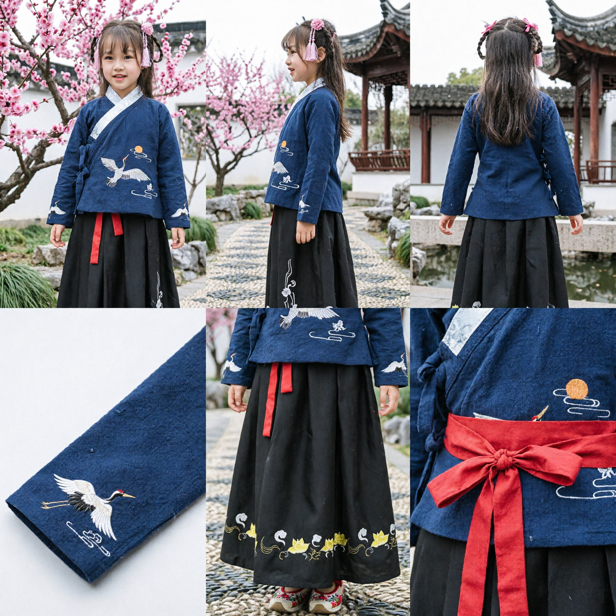 Traditional Chinese Hanfu for Kids Girl Ancient Costume Blue Embroidered Crane Top and Black Skirt Set