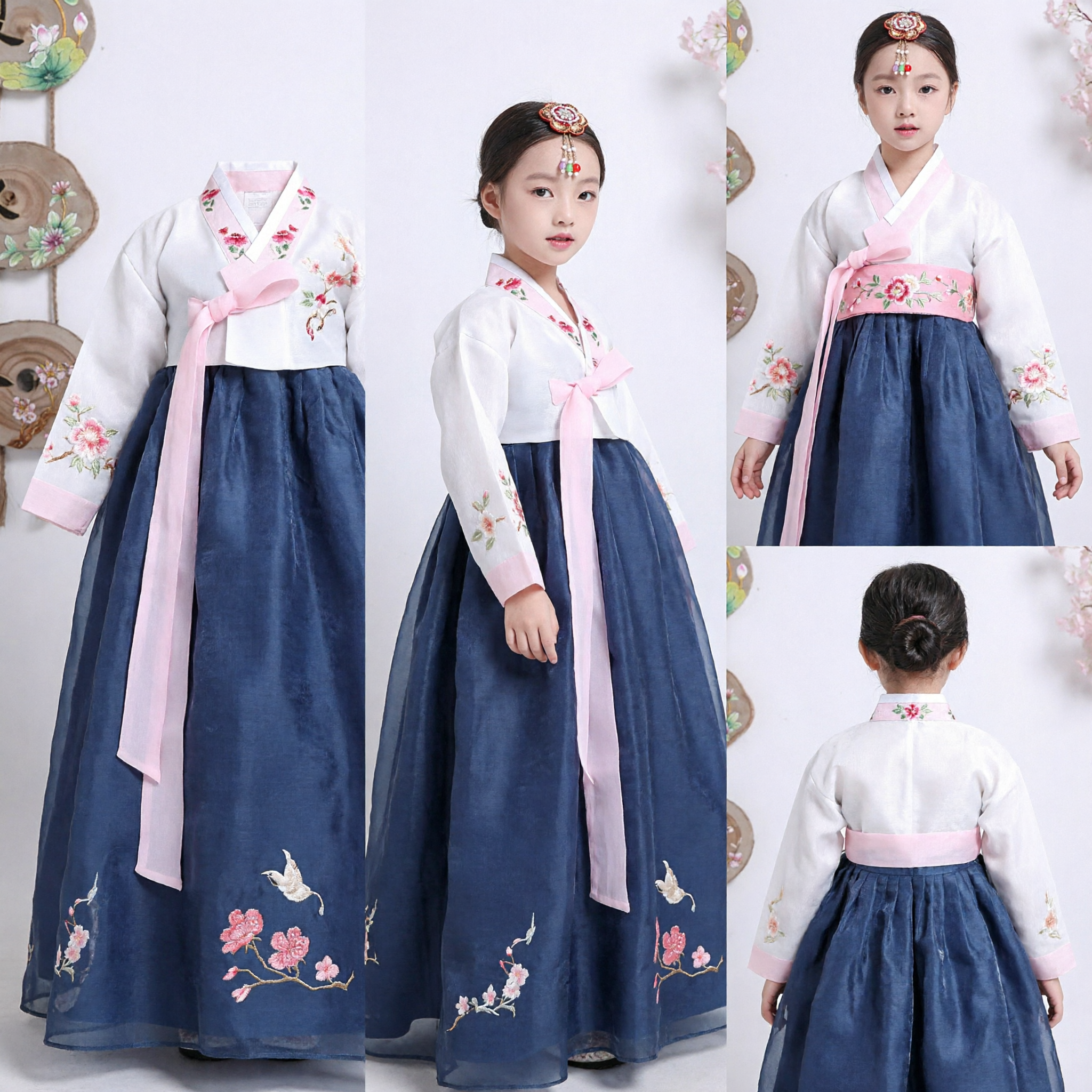 Elegant Korean Hanbok for Girls Traditional White and Navy Blue Embroidered Dress for Holidays and Weddings