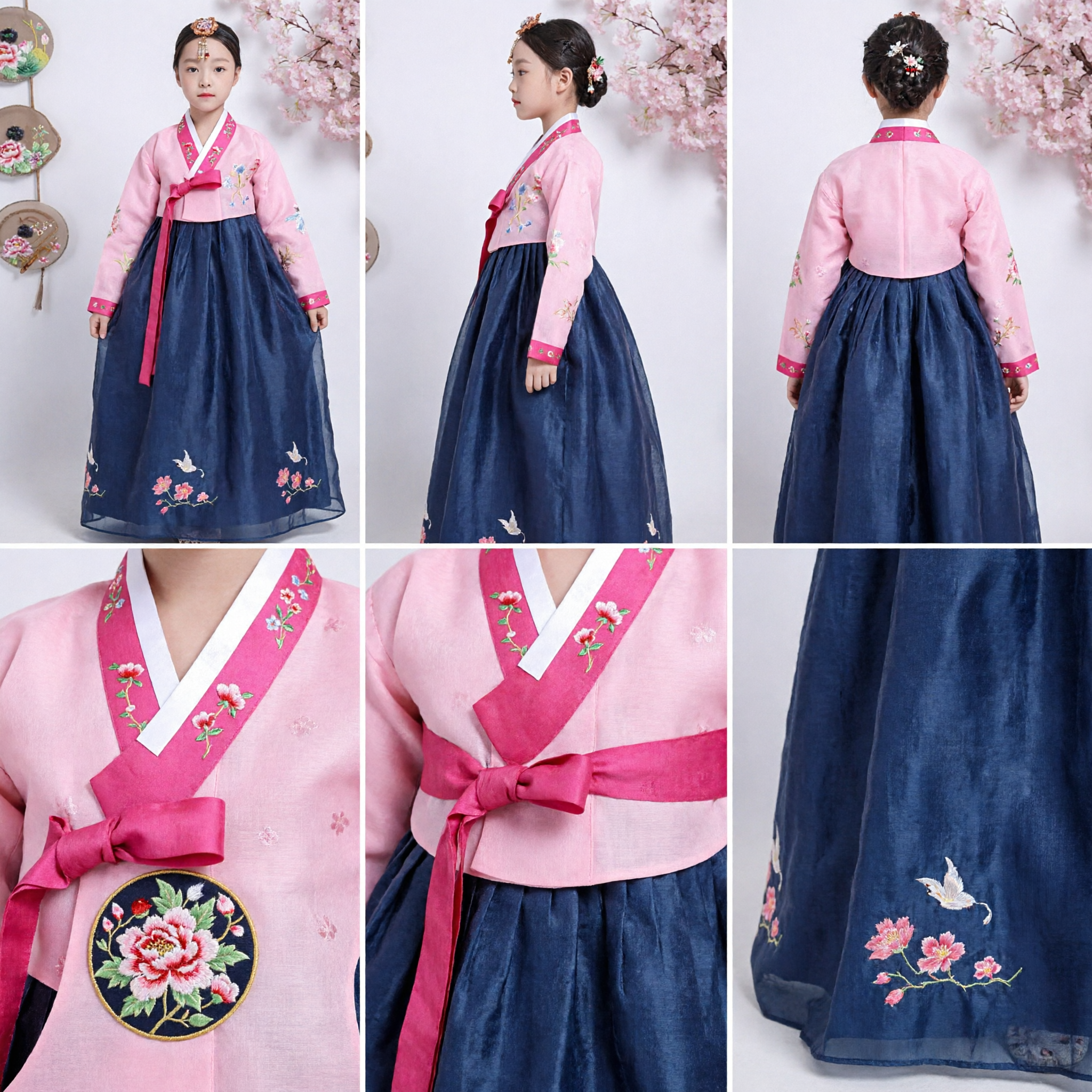 Pink and Blue Korean Hanbok for Girls Kids Traditional Dress Embroidered Chuseok Holiday Costume