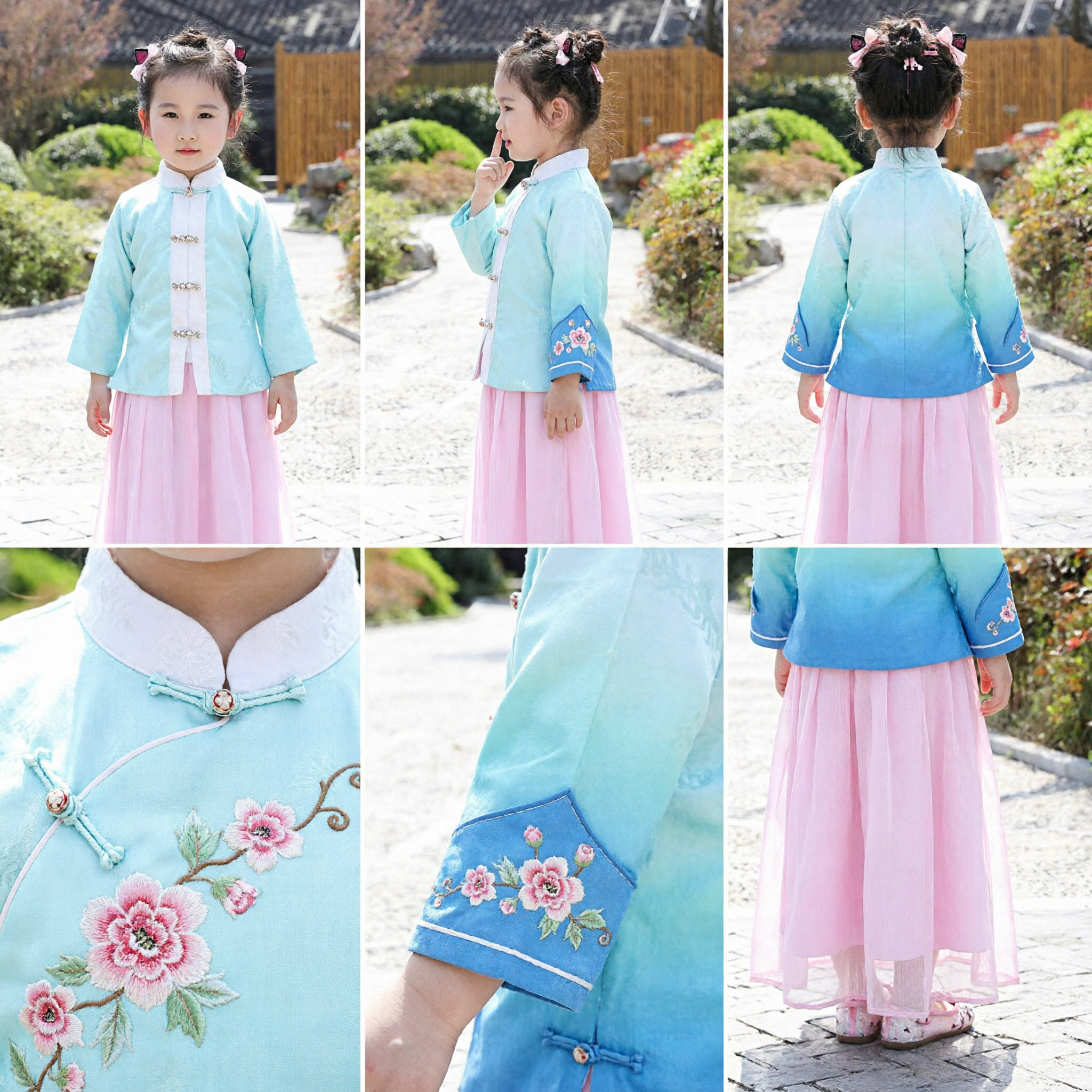 Traditional Chinese Hanfu Costume for Kids Girls Ancient Blue Jacket Pink Skirt Dress for Spring Festival