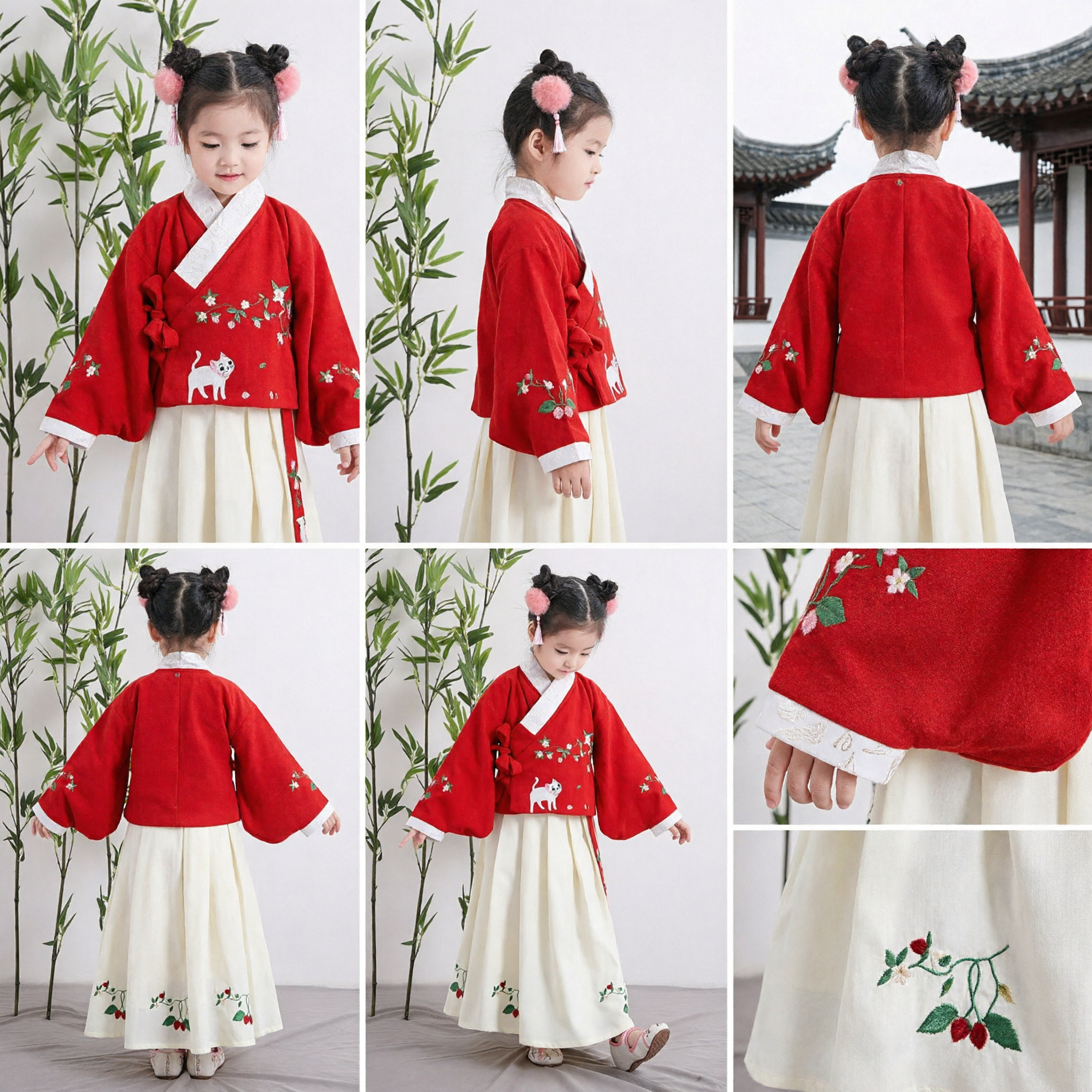Traditional Chinese Hanfu Set for Girls Red Embroidered Jacket White Pleated Skirt Ancient Costume for Kids