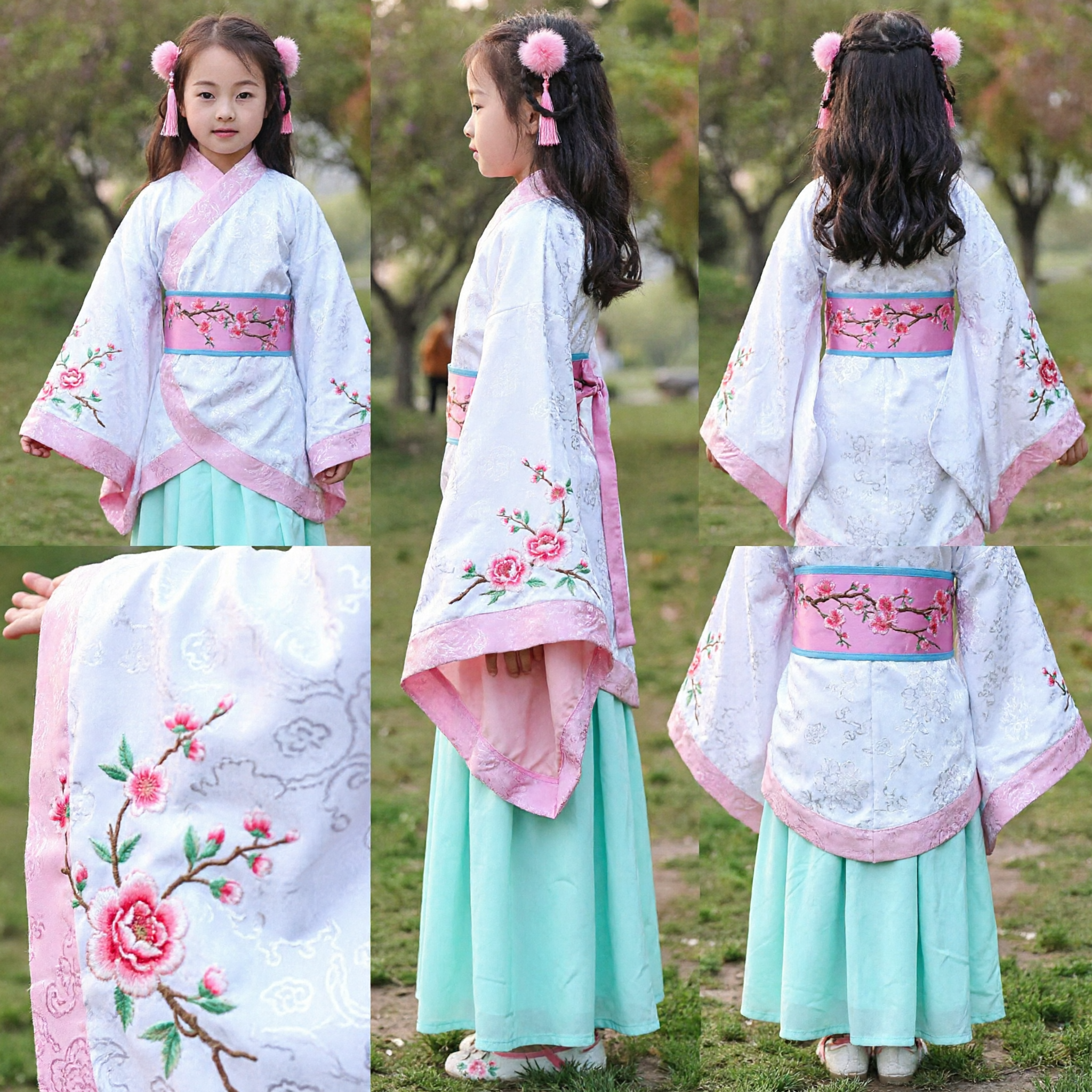Traditional Chinese Hanfu Costume for Kids Girls Ancient Princess Dress Pink White Top Green Skirt Set