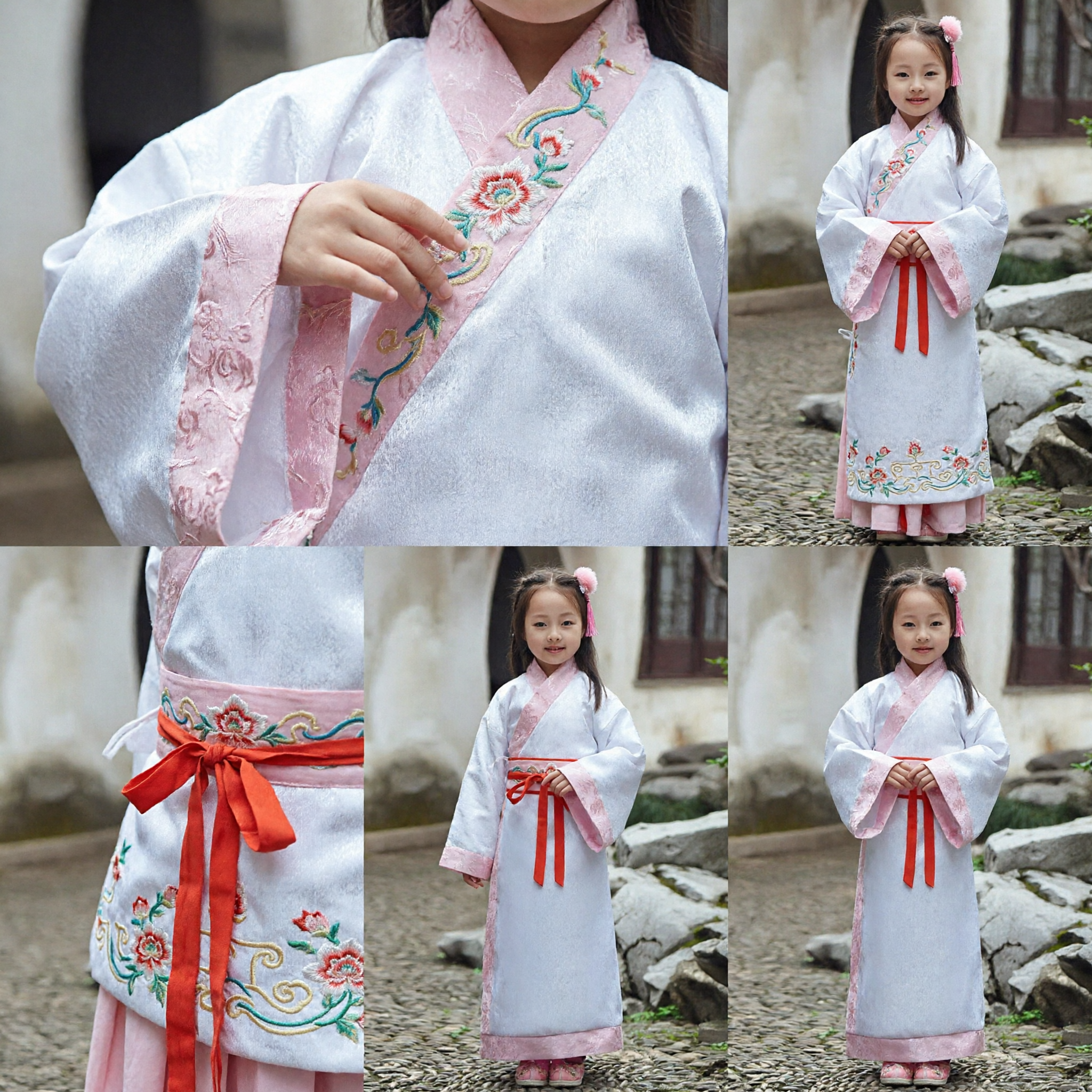 Girls Traditional Chinese Hanfu Ancient Costume Pink and White Robe Kids Cultural Performance Dress