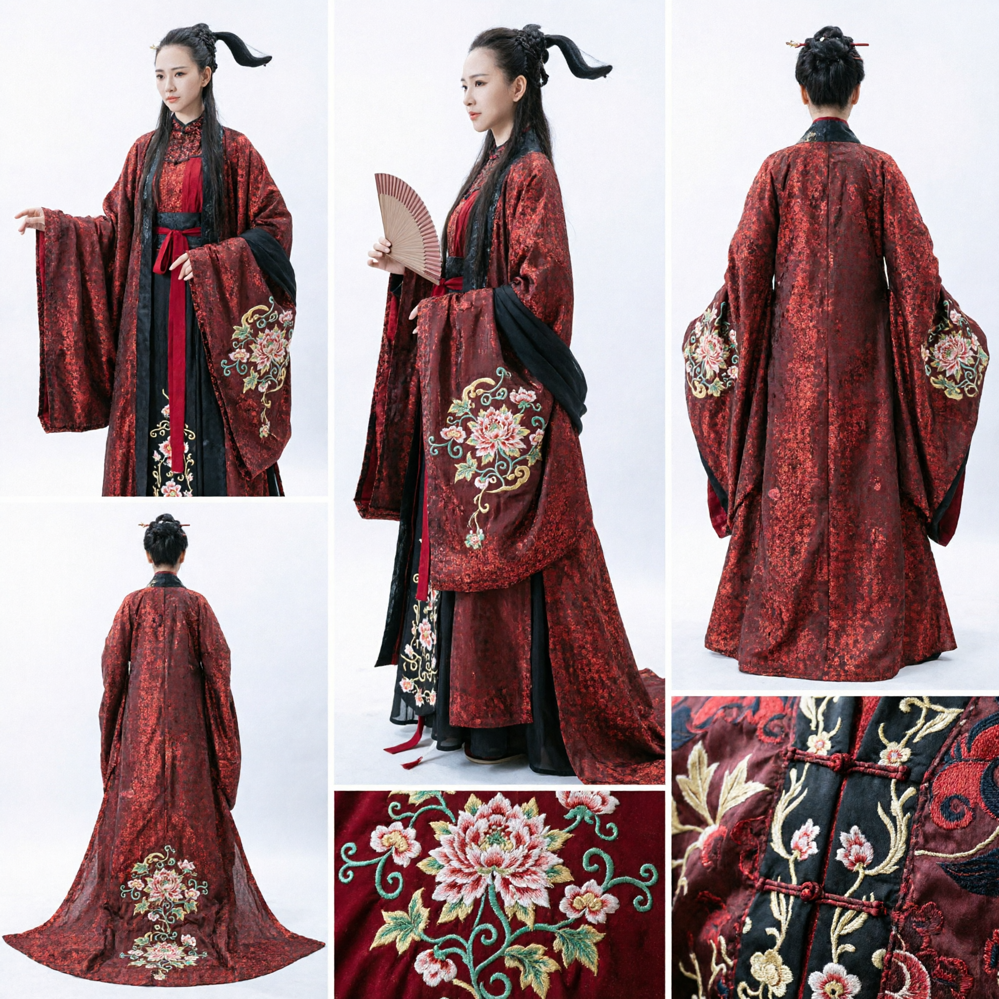 Chinese Traditional Ancient Red and Black Hanfu Costume Women's Swordswoman Robe for Cosplay and Stage Performance