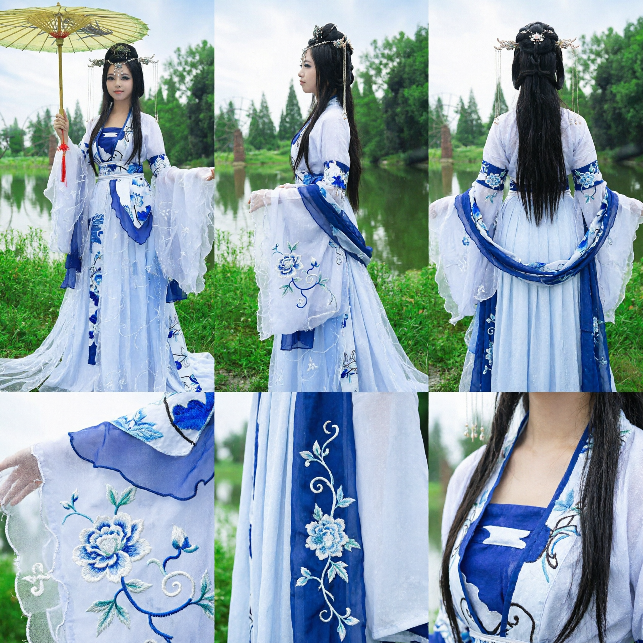 Traditional Chinese Hanfu Dress Blue and White Porcelain Style Ancient Tang Dynasty Costume for Women
