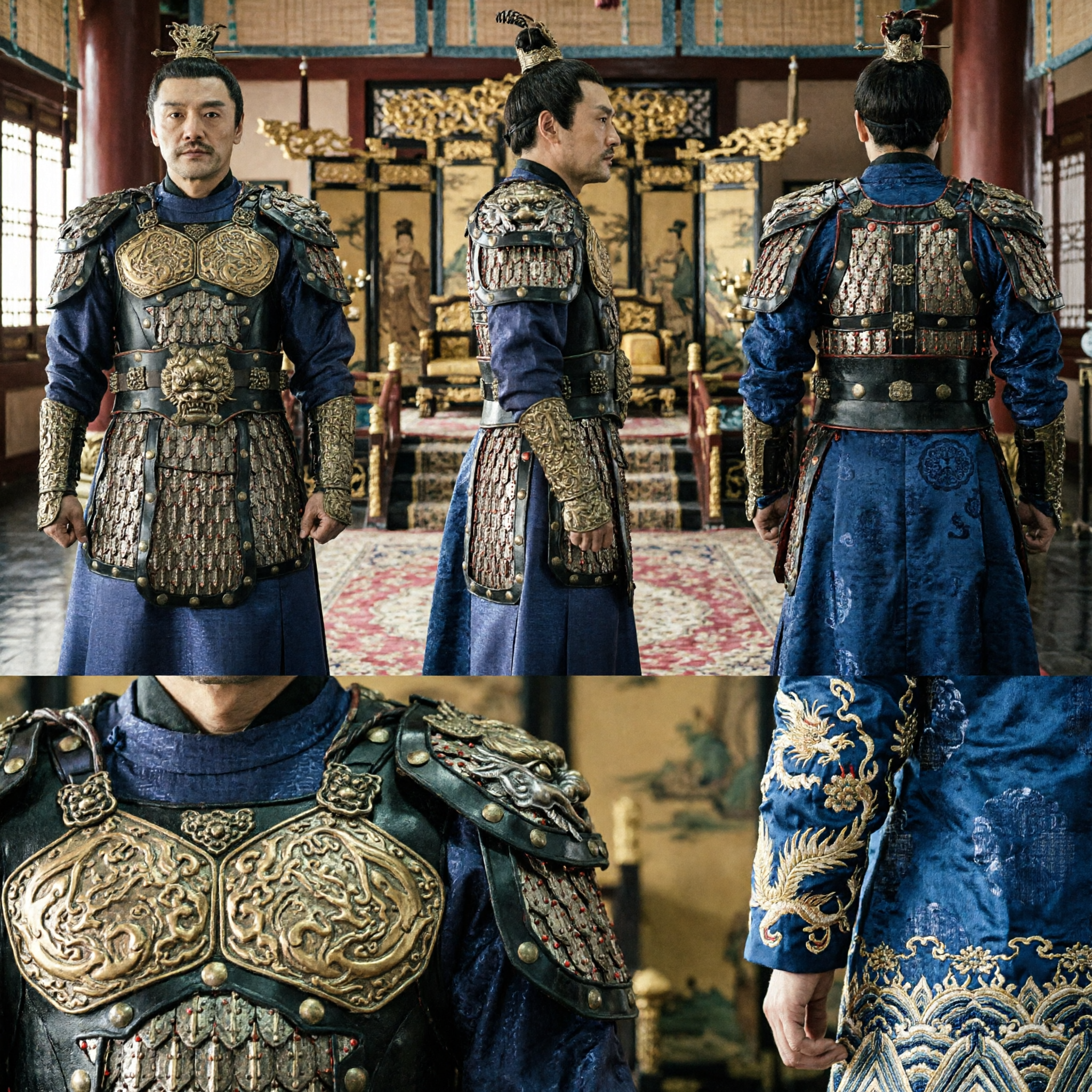 Men's Ancient Chinese General Armor Costume Blue Robe Warrior Hanfu Cosplay Outfit for Historical Drama
