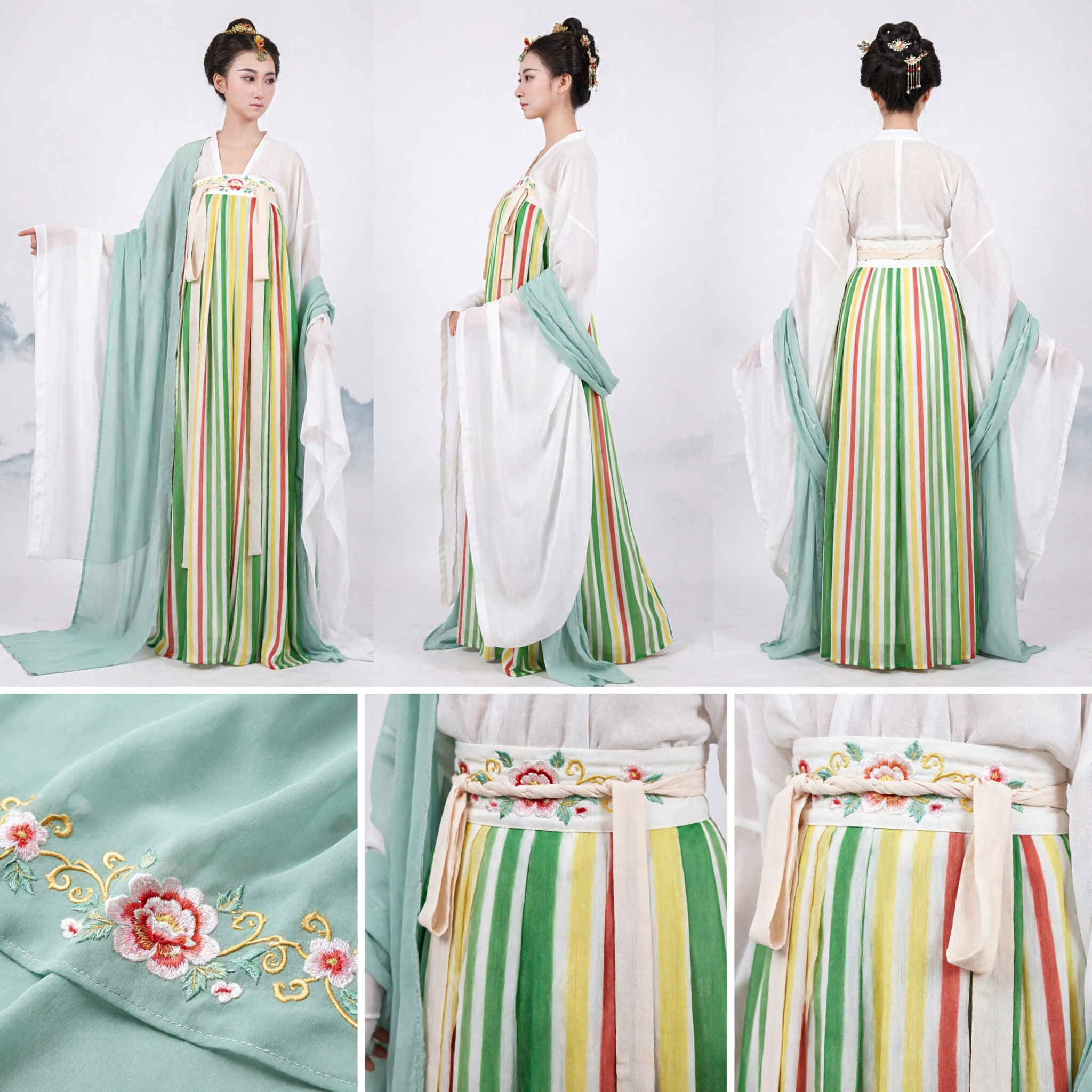 Women's Tang Dynasty Hanfu Set Green Wide Sleeve Robe with Colorful Striped Skirt Traditional Costume