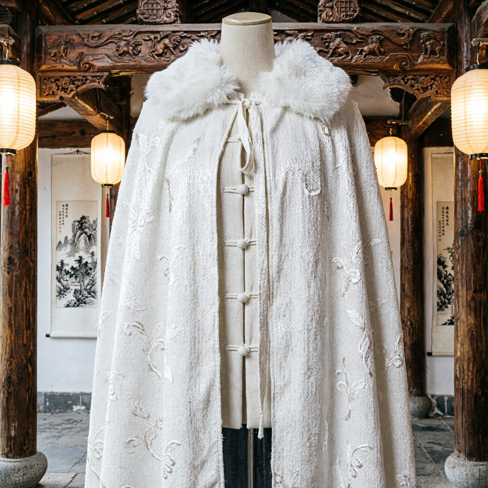 Elegant White Fur Collar Cape Traditional Chinese Hanfu Winter Cloak Costume for Women Historical Cosplay