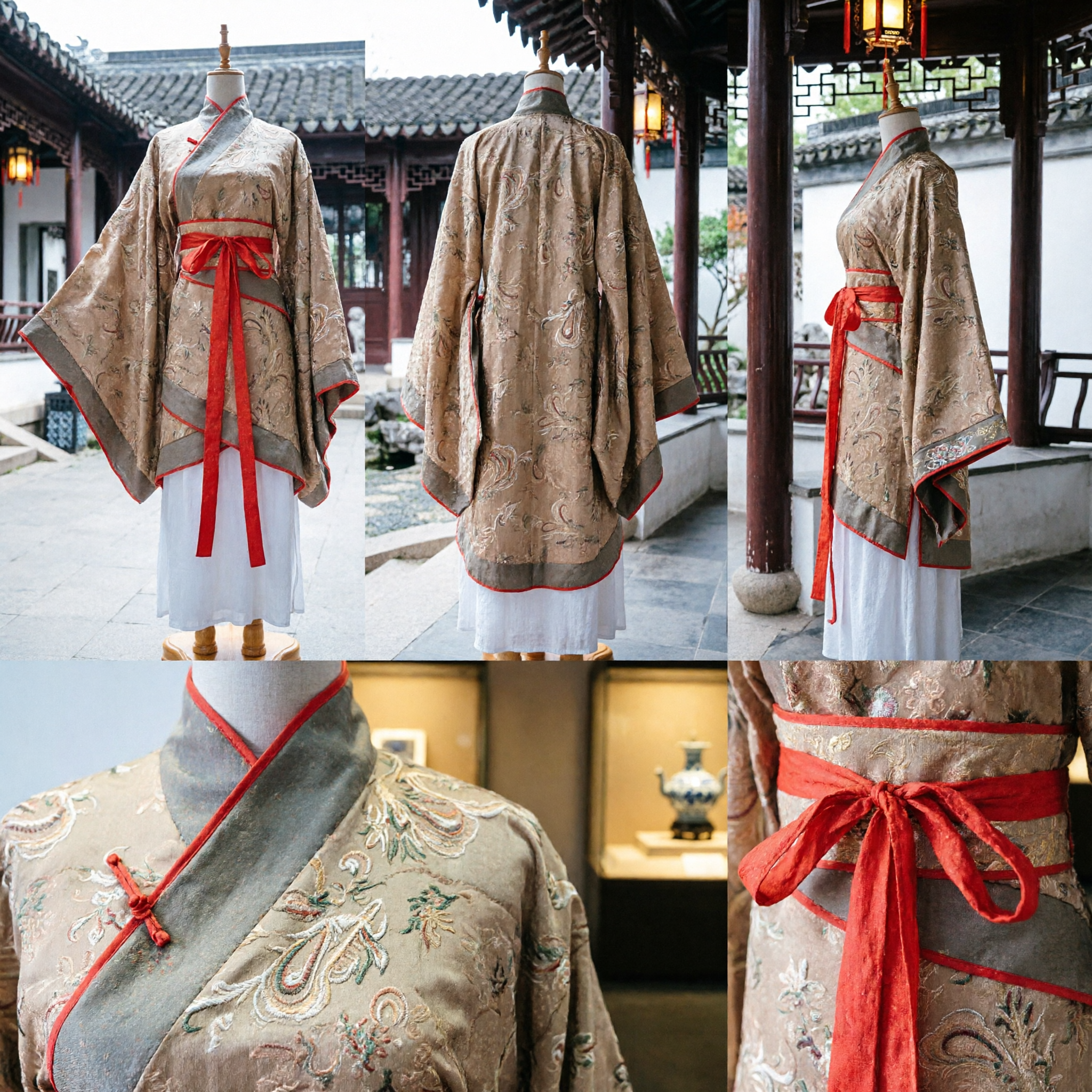 Traditional Chinese Hanfu Men's Ancient Costume Beige Patterned Robe with Red Sash for Cosplay and Stage Performance