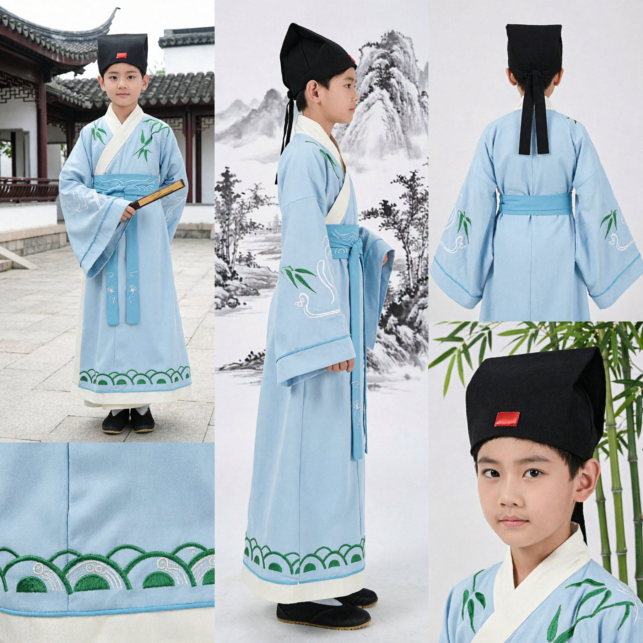 Boys Traditional Chinese Hanfu Ancient Scholar Costume Light Blue Robe with Bamboo Embroidery for Stage Performance