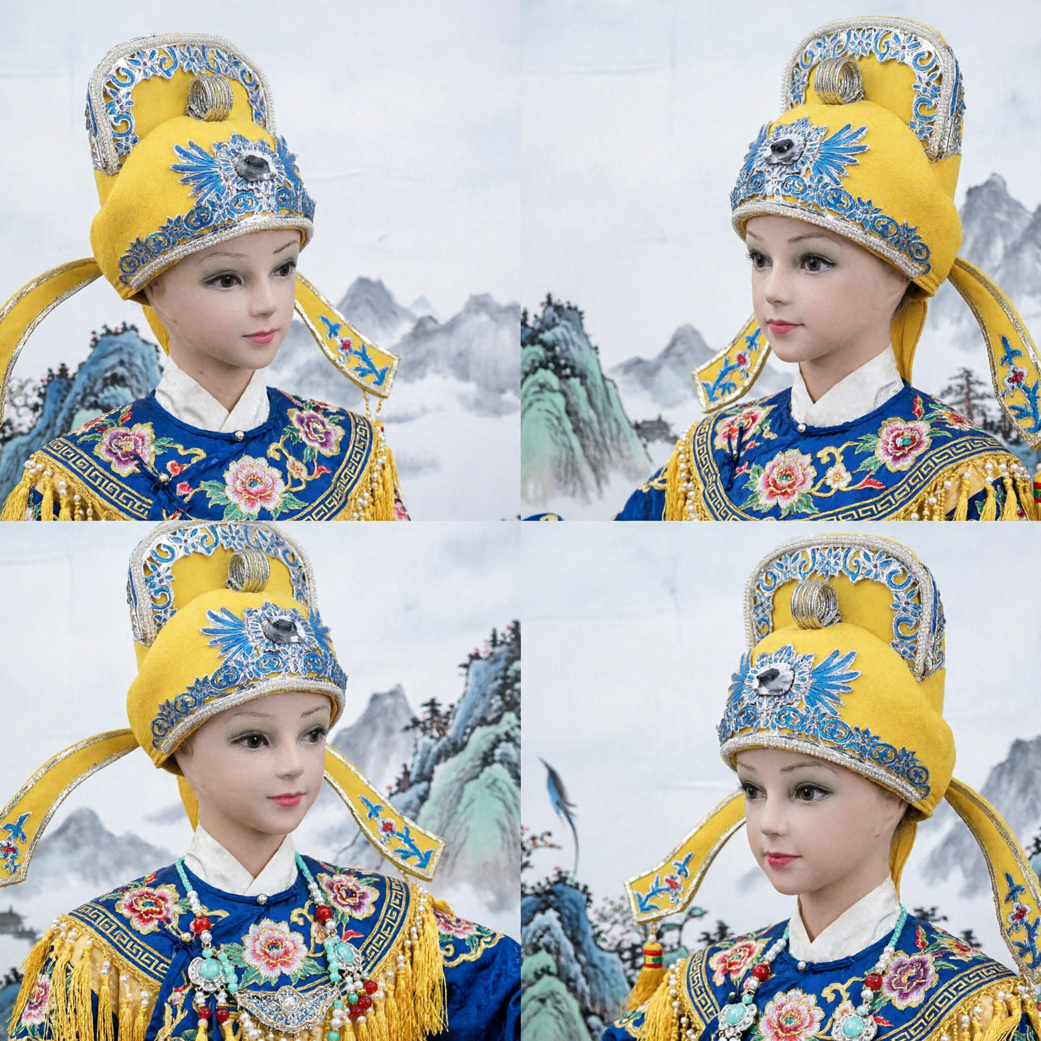 Traditional Chinese Peking Opera Yellow Scholar Hat with Blue Silver Embroidery and Long Wings for Stage Performance