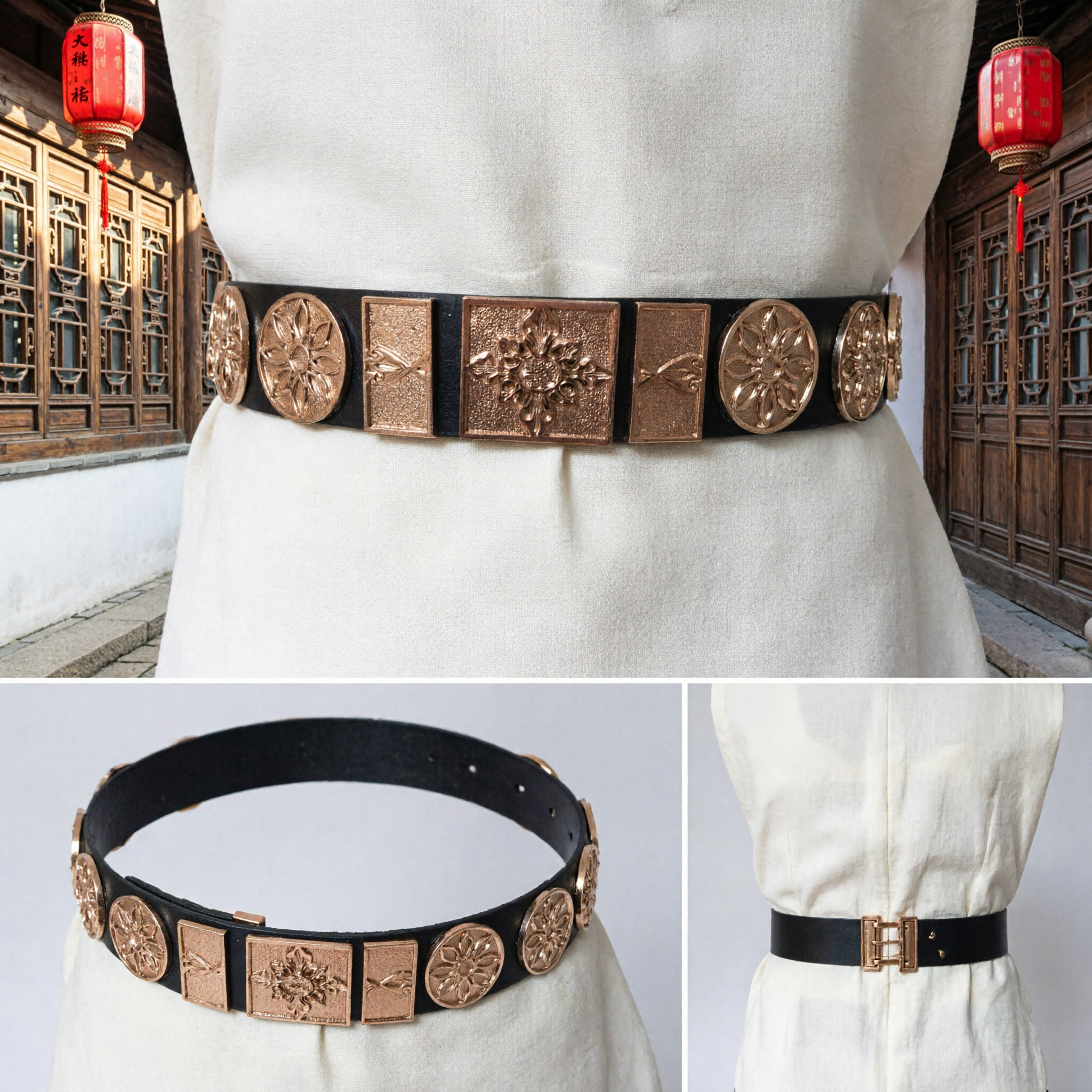 Traditional Chinese Hanfu Leather Belt with Bronze Metal Floral Plates Ancient Waistband Sash for Costume