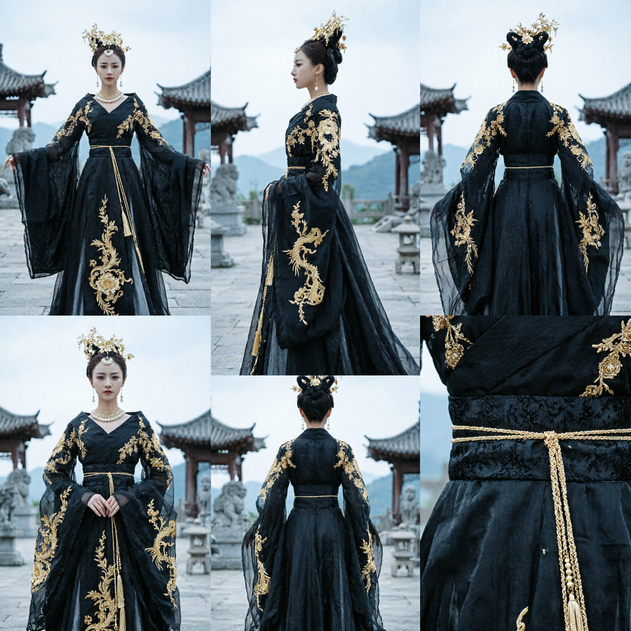 Elegant Black Ancient Chinese Hanfu Costume with Gold Embroidery for Women Empress Cosplay Dress