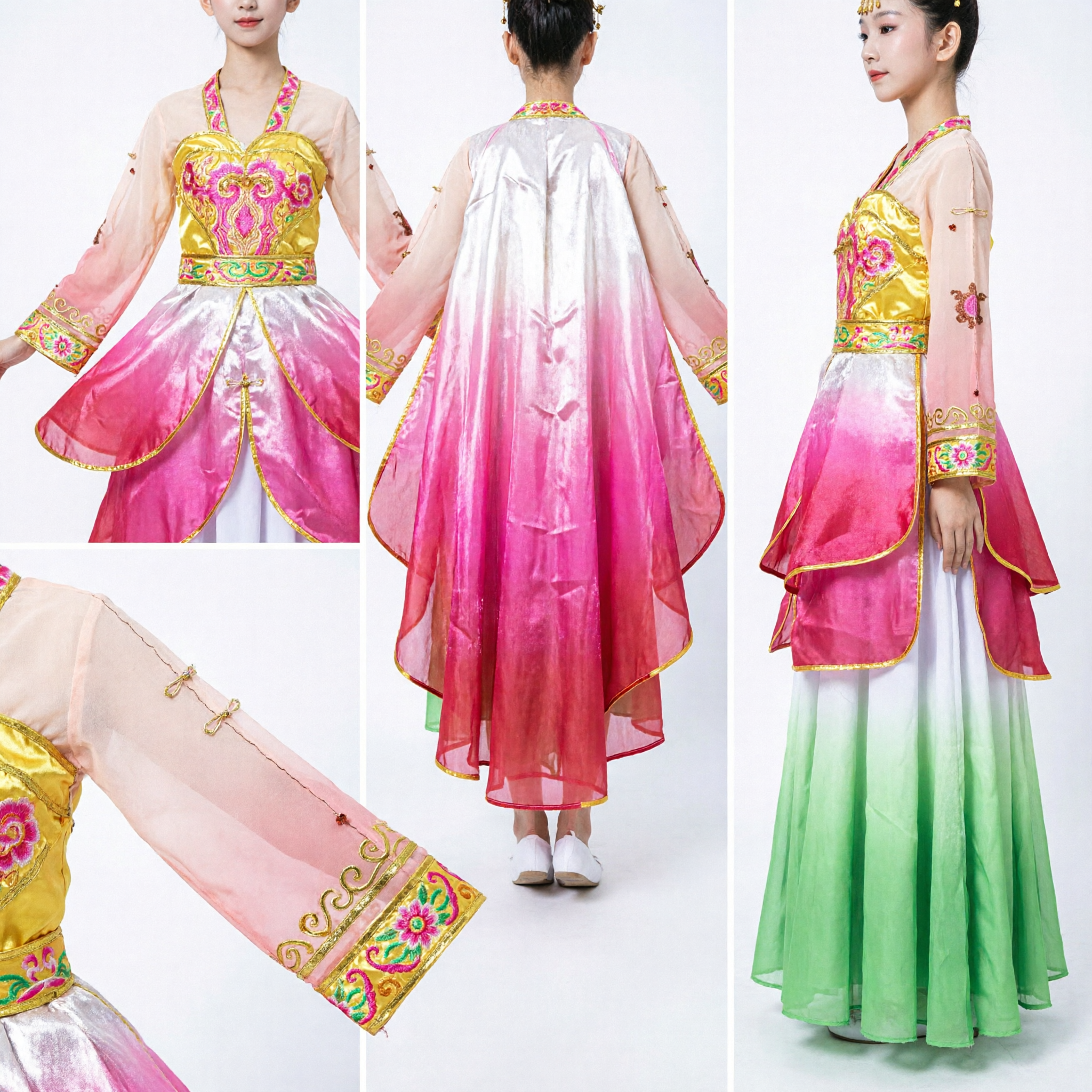 Kids Traditional Chinese Dance Costume Pink Lotus Flower Dress Girls Folk Stage Performance Outfit