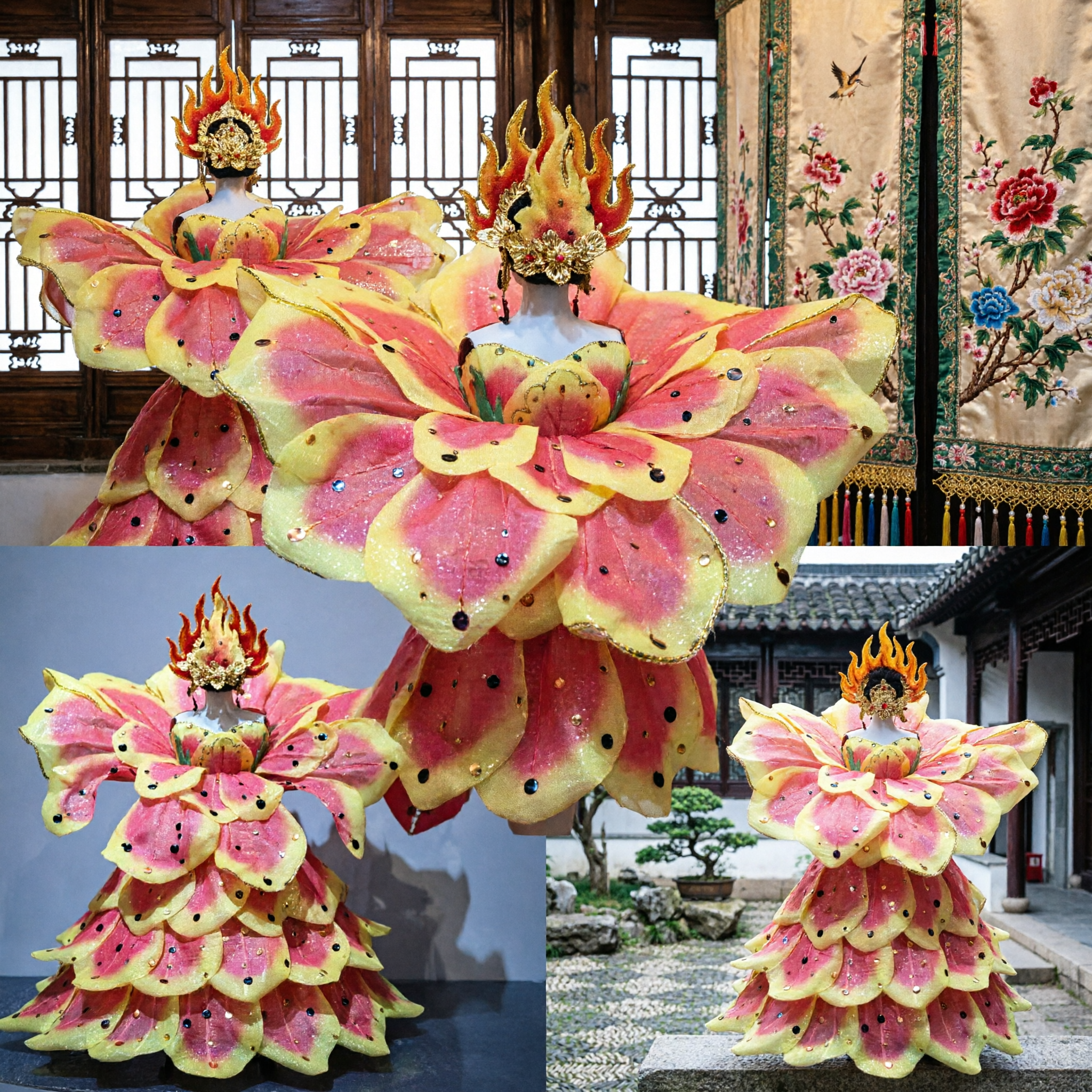Exquisite Chinese Traditional Folk Dance Lotus Flower Costume Yellow and Pink Petal Dress for Stage Performance