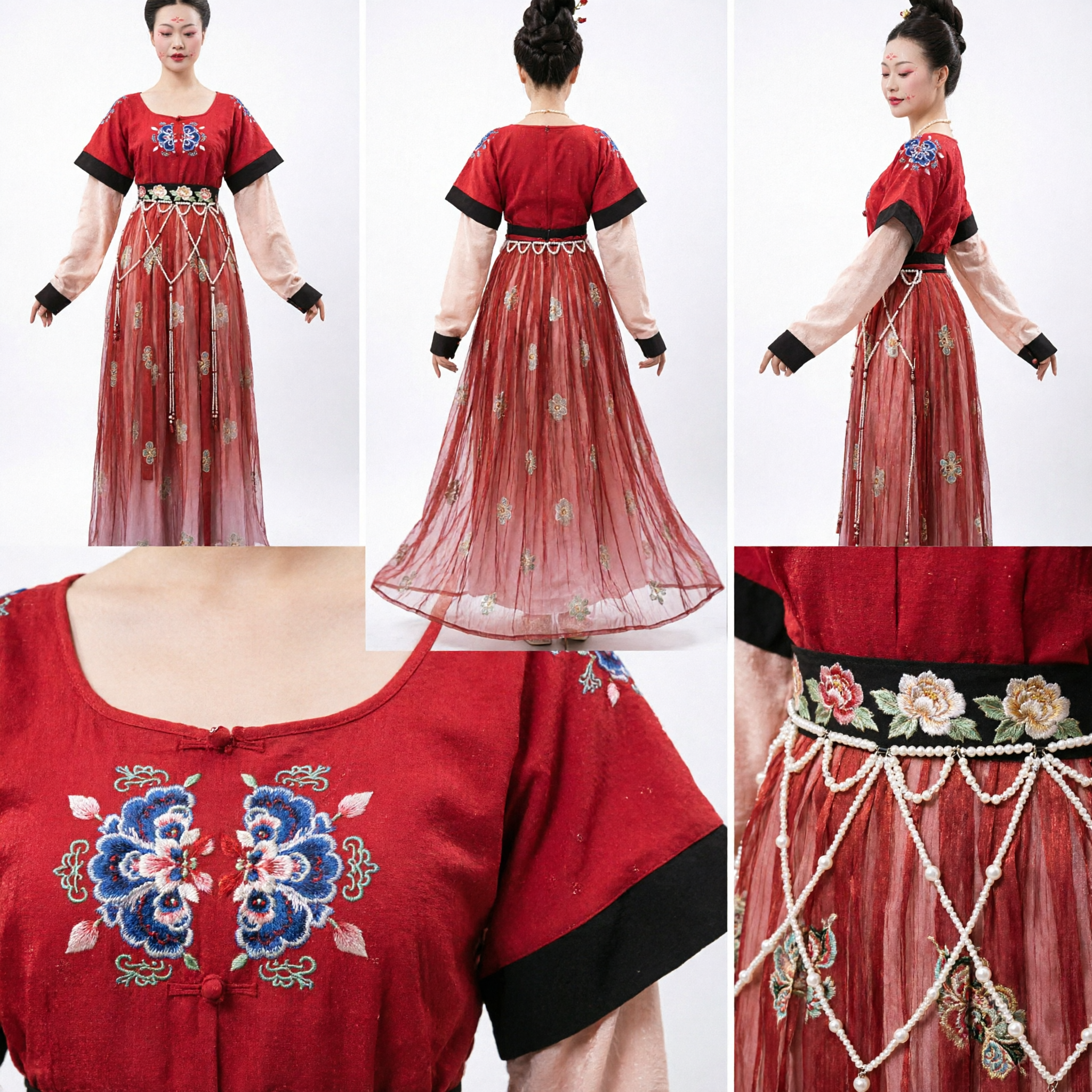 Traditional Chinese Tang Dynasty Hanfu Costume Red Embroidered Palace Lady Dress for Women Dance Performance