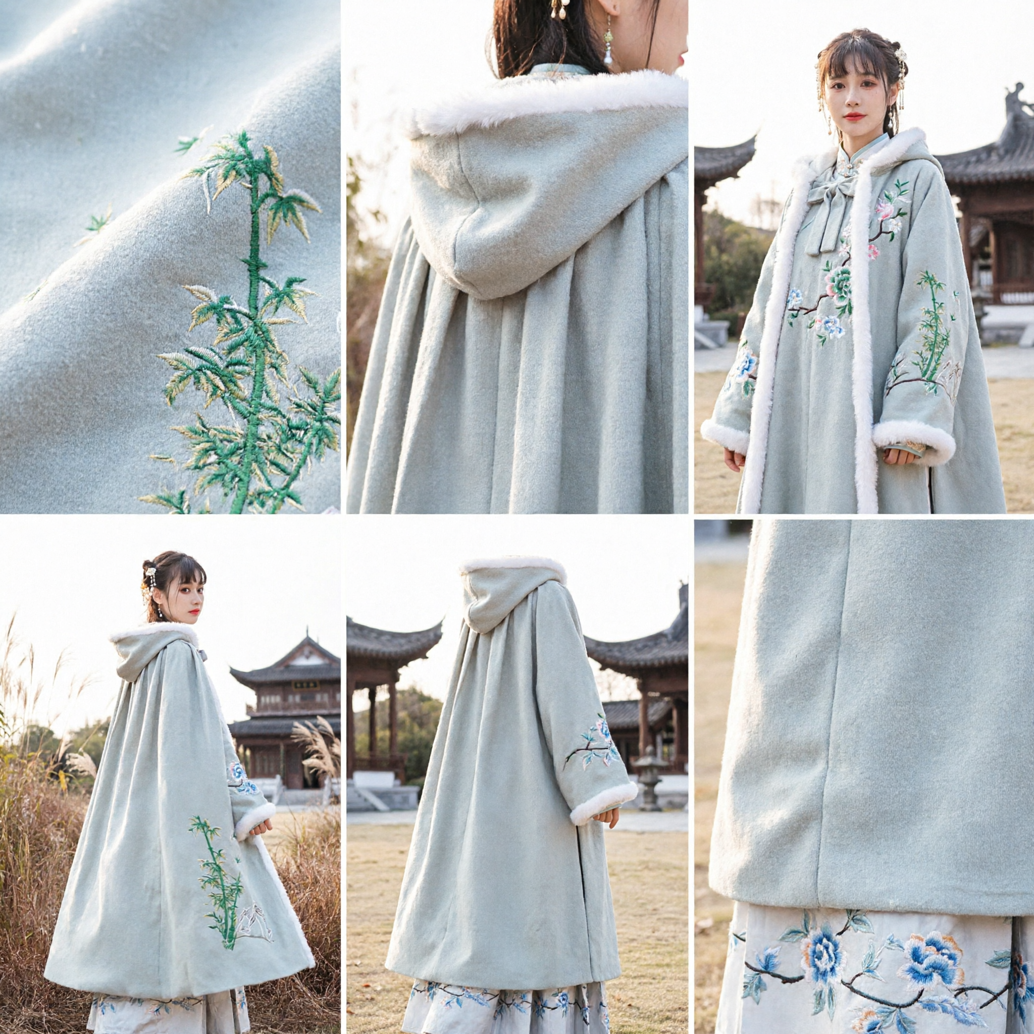 Traditional Chinese Hanfu Winter Cloak Women Grey Hooded Cape Bamboo Embroidery Ancient Costume Cosplay Outerwear
