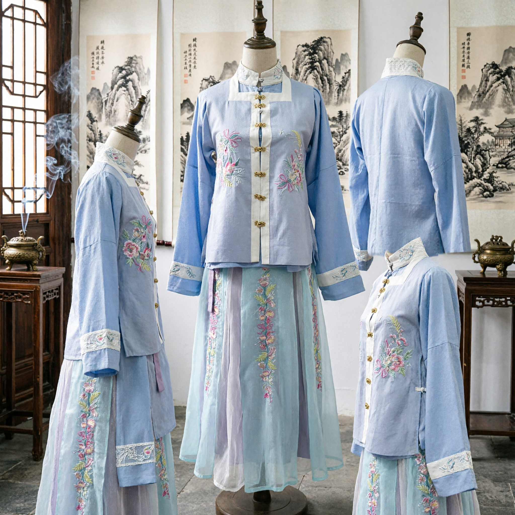Traditional Chinese Hanfu Costume Light Blue Embroidered Jacket and Skirt Set for Women Ming Dynasty Style