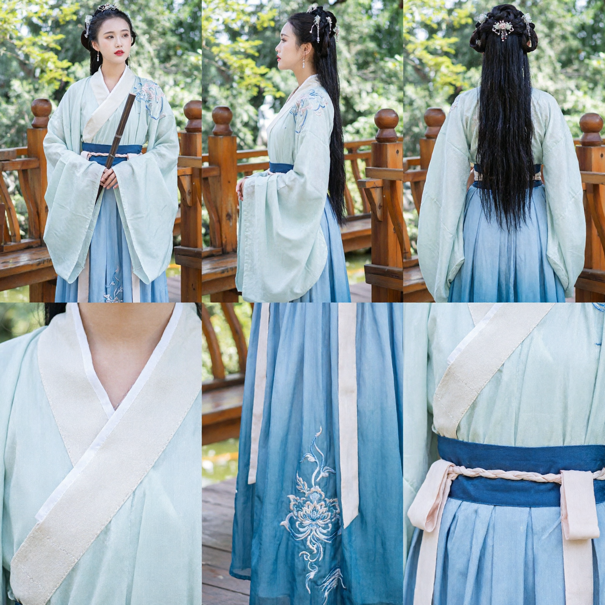 Elegant Traditional Chinese Hanfu Ancient Costume Light Blue and Green Embroidered Fairy Dress for Women