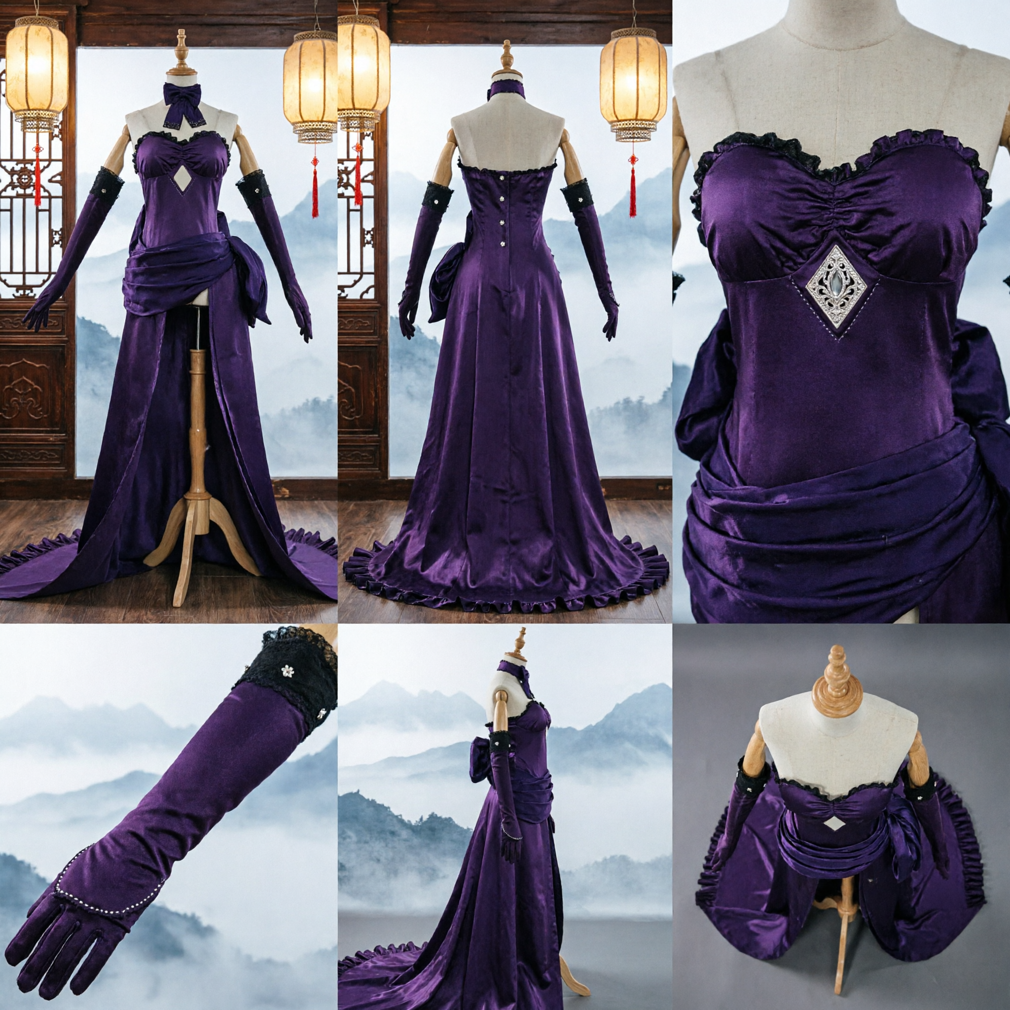Elegant Purple Evening Gown Cosplay Costume Women's Victorian Ball Dress with Gloves for Halloween Party