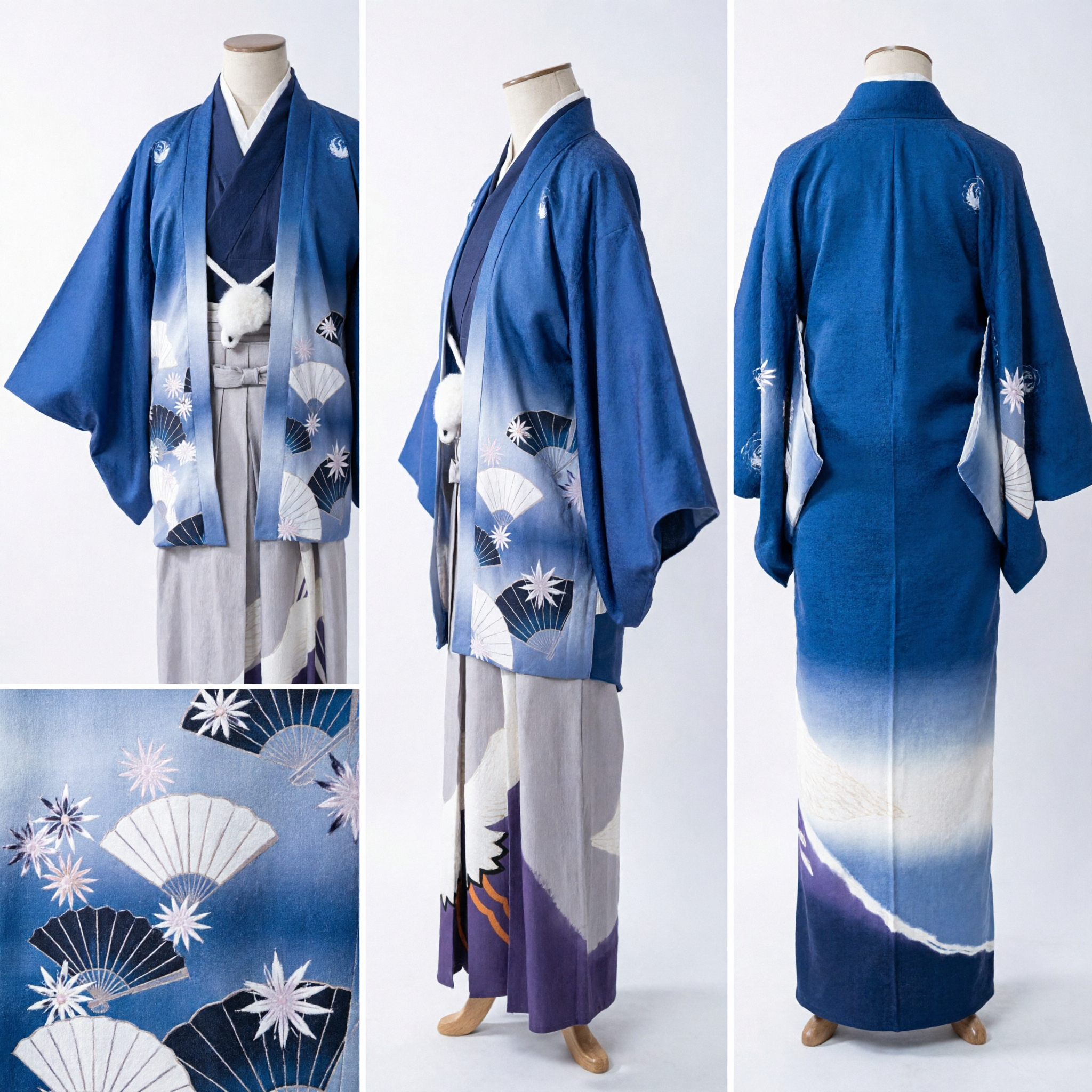 Traditional Blue Japanese Kimono Cosplay Costume with Fan and Crane Pattern Hakama Set for Anime Fans