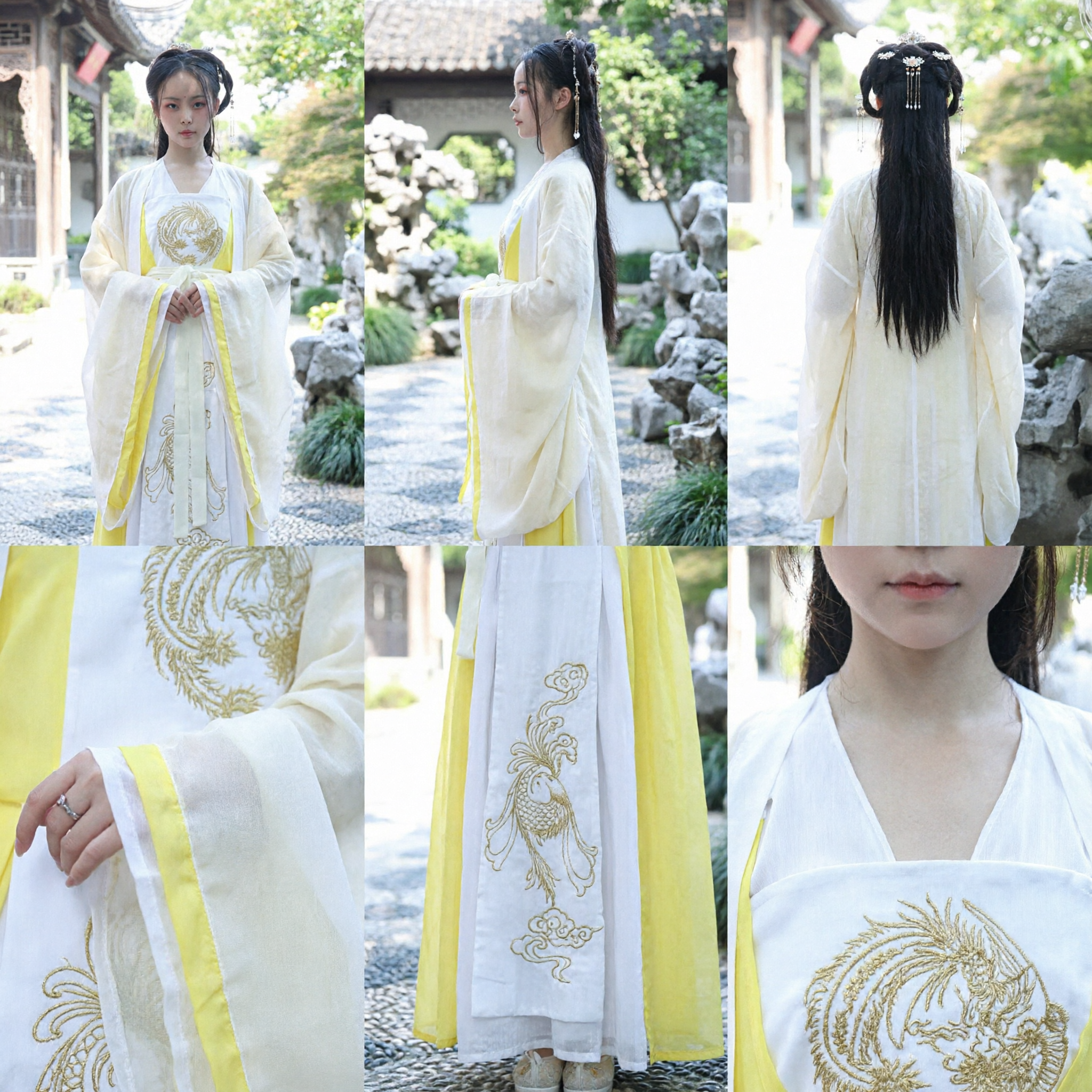Traditional Chinese Hanfu for Girls White and Yellow Tang Dynasty Princess Costume with Gold Phoenix Embroidery