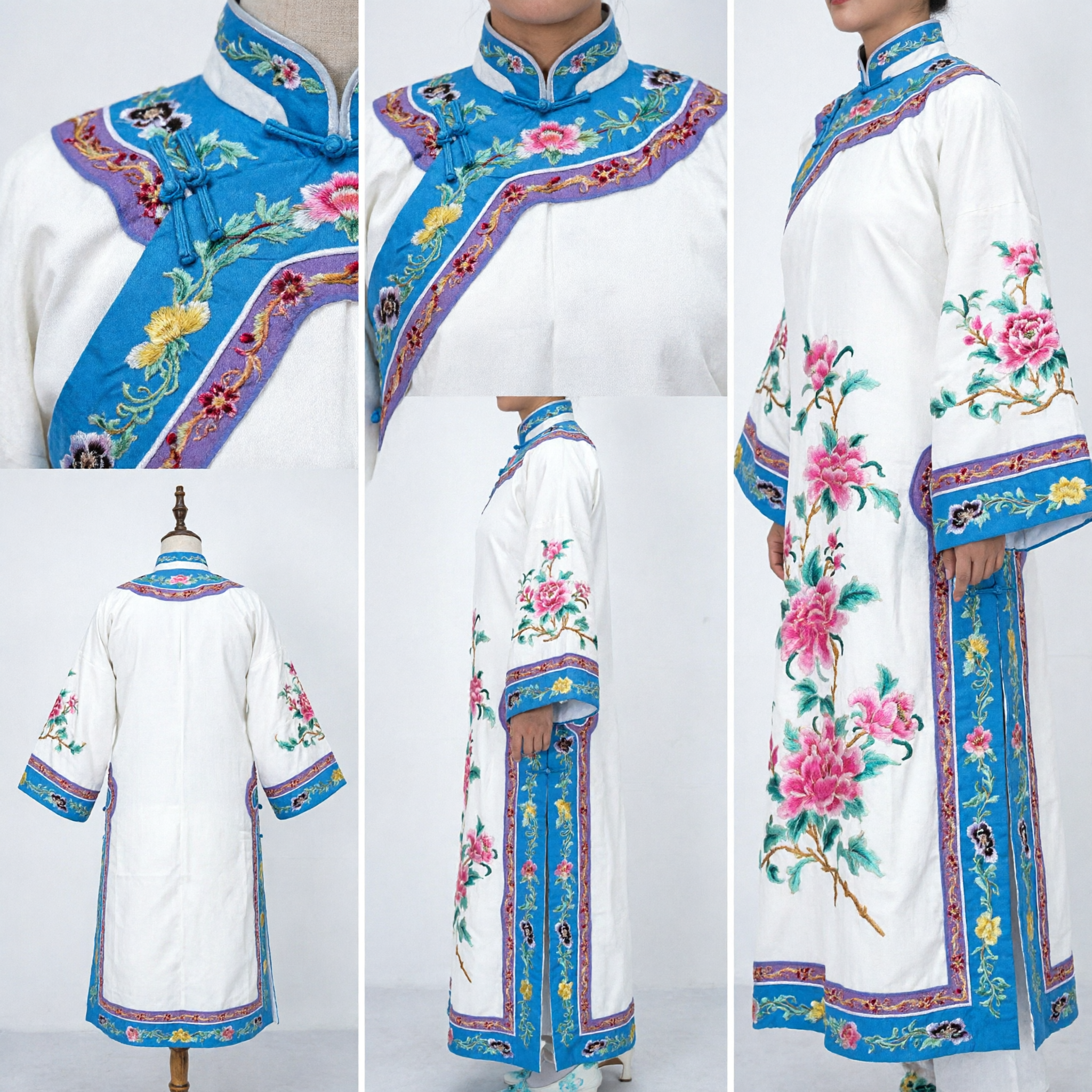 Traditional Chinese Peking Opera Costume White Embroidered Robe with Peony Flowers for Women Stage Performance