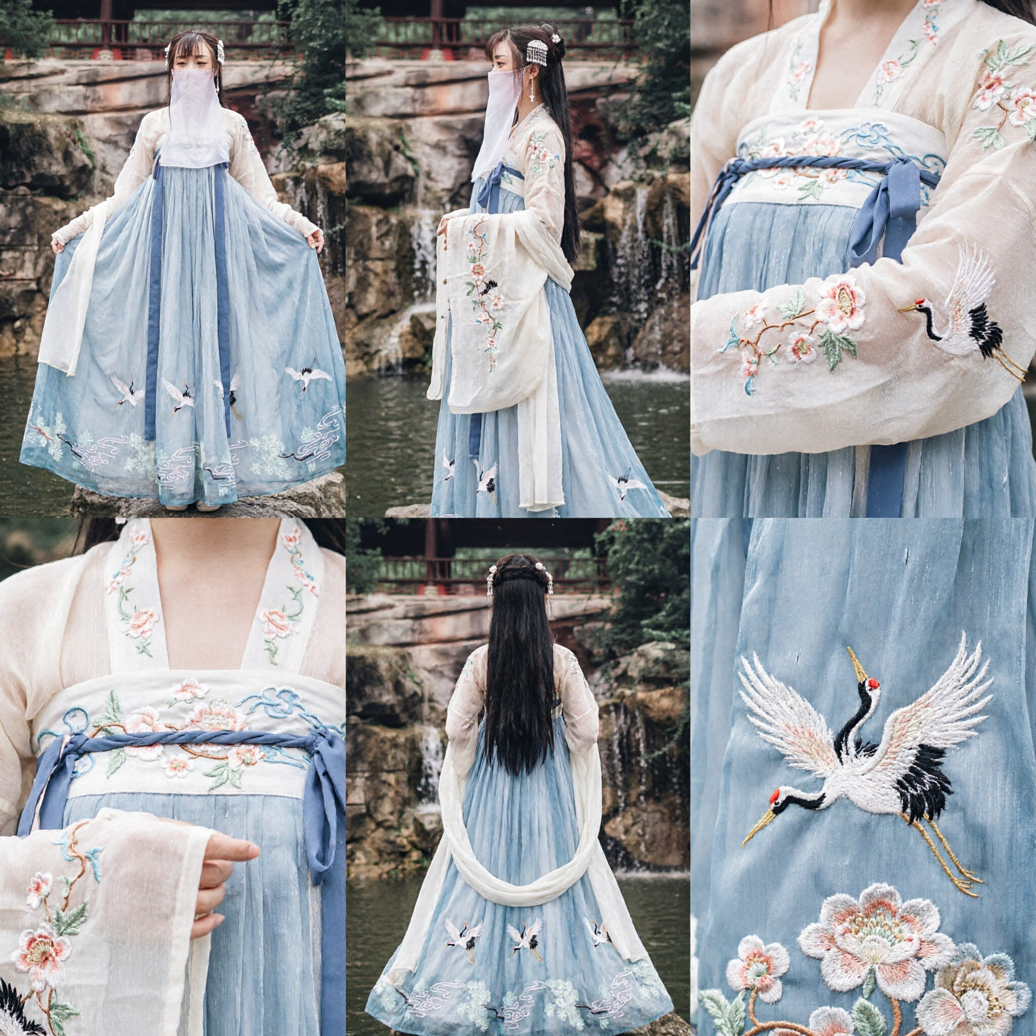Ancient Chinese Hanfu Traditional Costume for Women Blue Crane Embroidery Fairy Dress for Performance