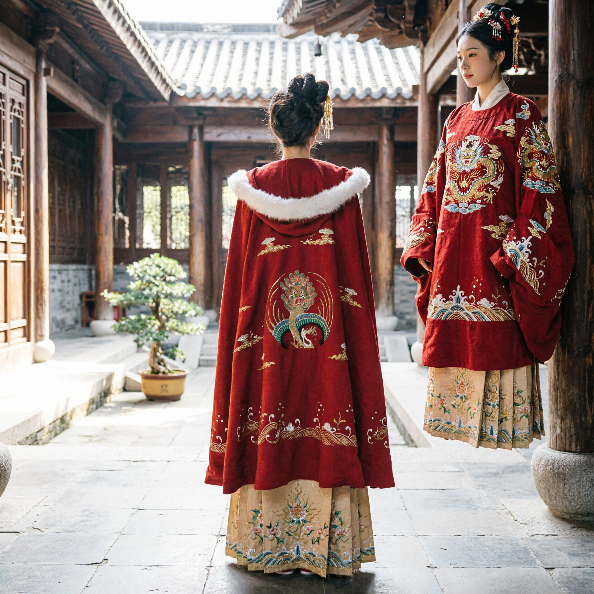 Chinese Traditional Hanfu Red Cape Cloak with White Fur Trim Phoenix Embroidery Winter Wedding Costume for Women