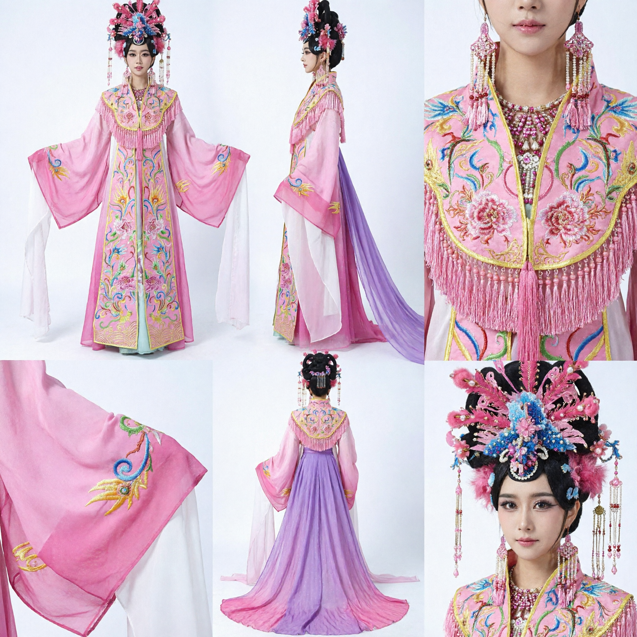 Traditional Chinese Peking Opera Pink Embroidered Costume for Women Princess Robe with Phoenix Headpiece and Water Sleeves