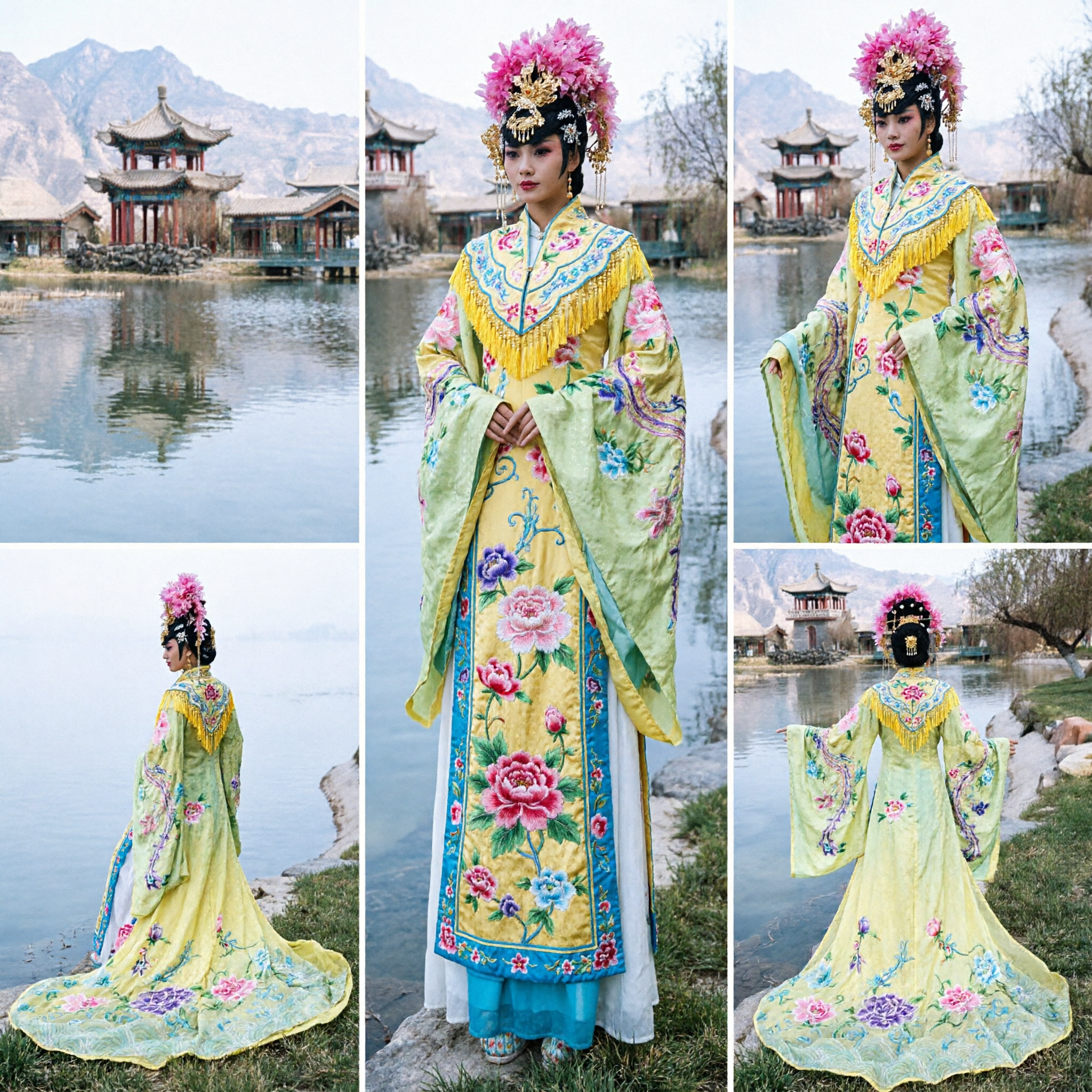 Traditional Chinese Peking Opera Costume Yellow Floral Embroidery Ancient Princess Dress Stage Performance Attire for Women