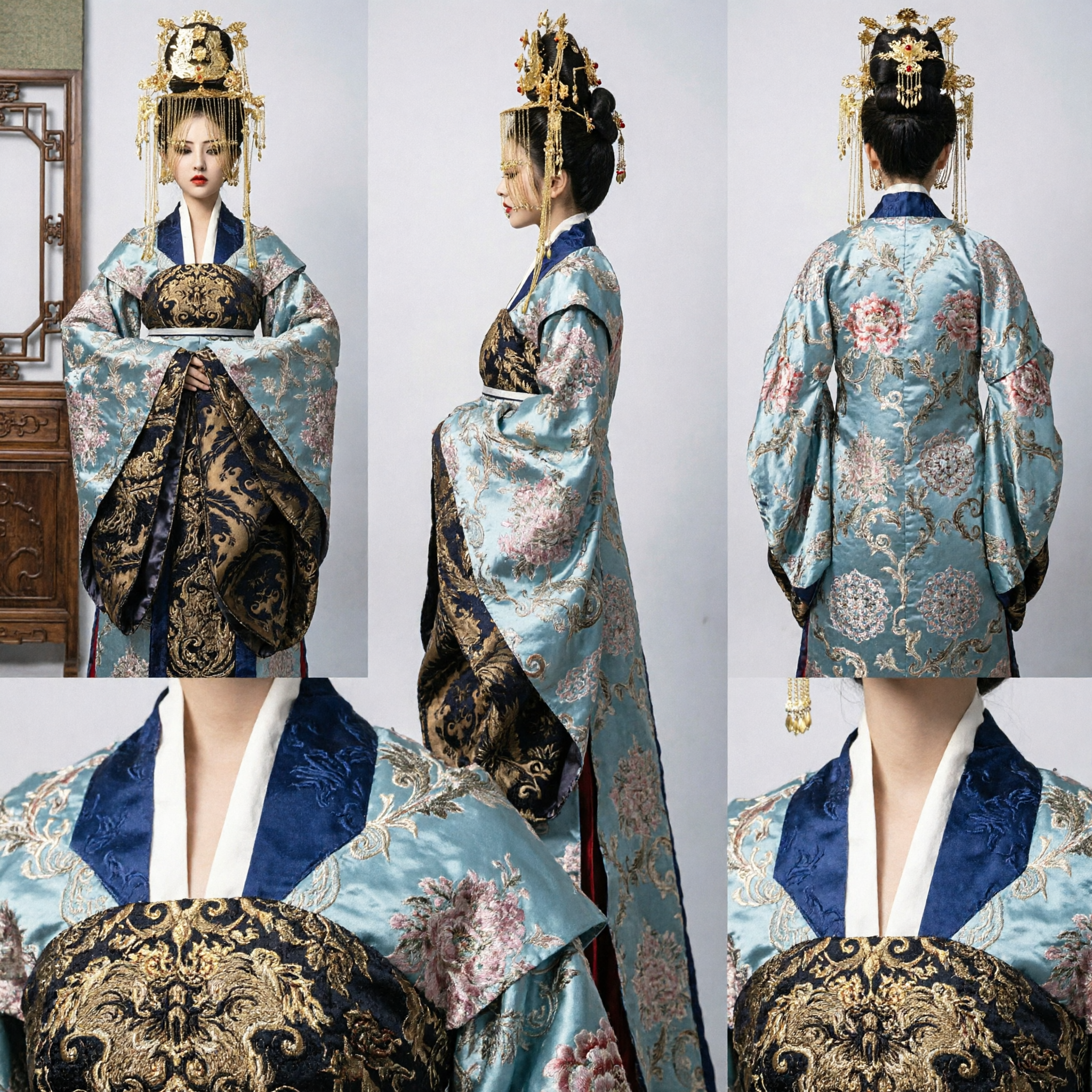 Traditional Chinese Hanfu Ancient Princess Costume Blue Embroidered Dress with Golden Headpiece for Women Wedding Cosplay