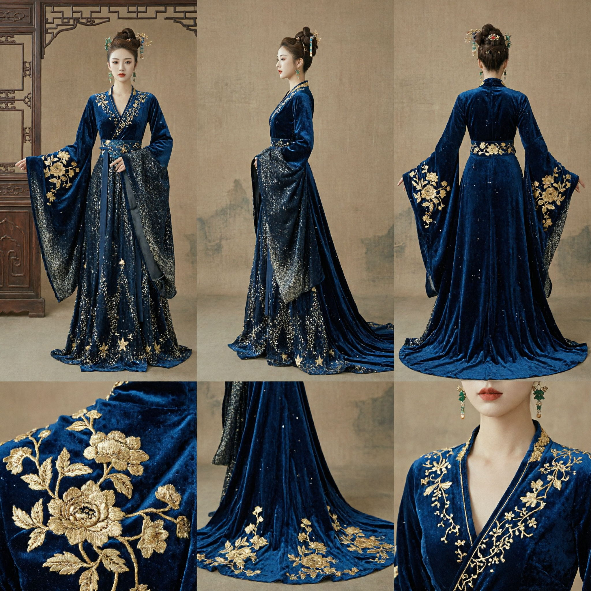 Elegant Dark Blue Velvet Hanfu Evening Gown with Gold Embroidery Long Train Traditional Chinese Dress for Women
