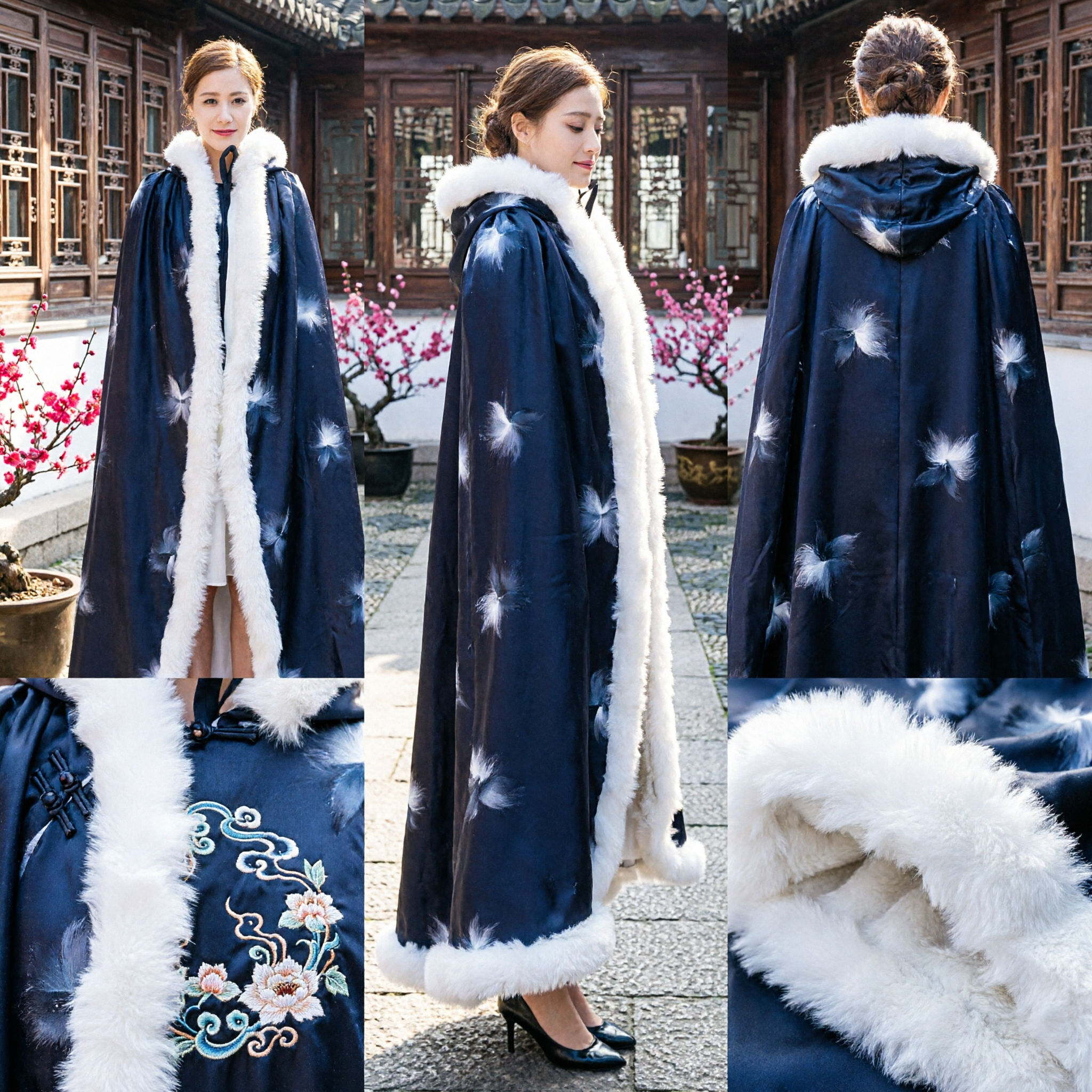 Women's Traditional Chinese Black Cloak Cape with White Fur Trim and Feather Pattern Hanfu Winter Outerwear for Cosplay