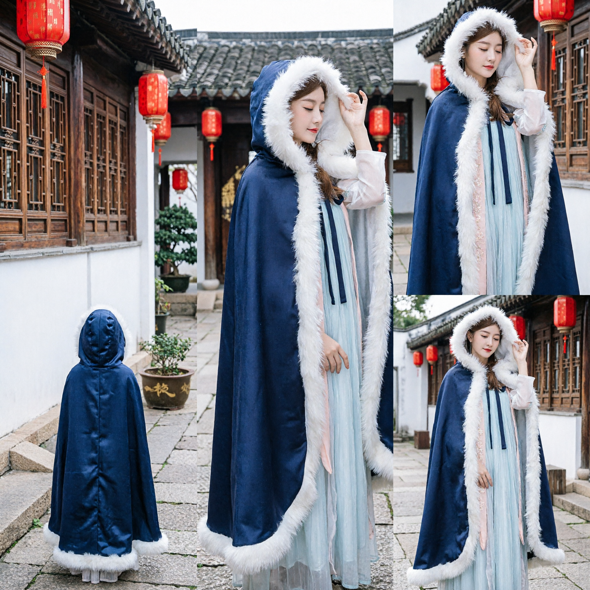 Women's Traditional Chinese Hanfu Winter Cloak Dark Blue Cape with White Fur Trim Ancient Costume