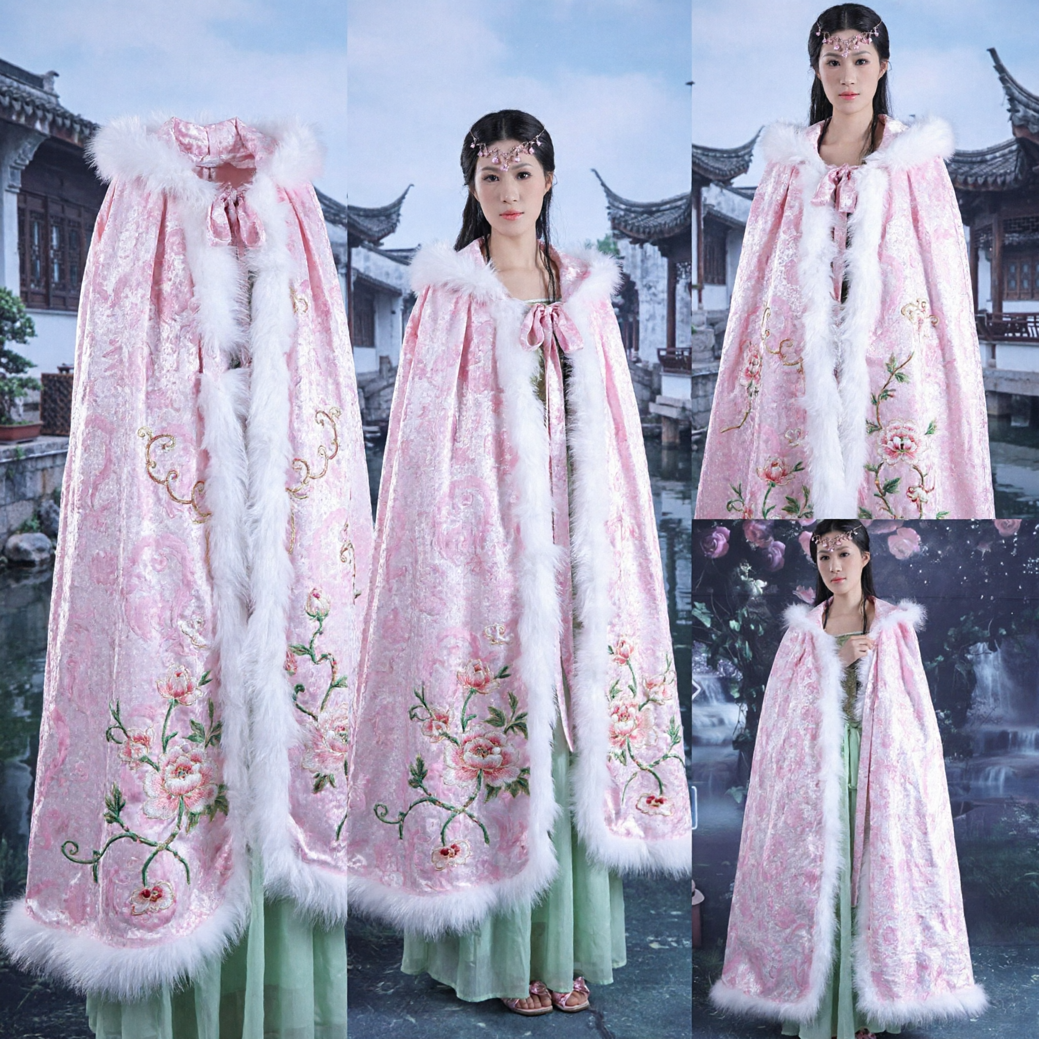 Ancient Chinese Pink Cloak with White Fur Trim Hanfu Winter Cape for Women Cosplay Costume