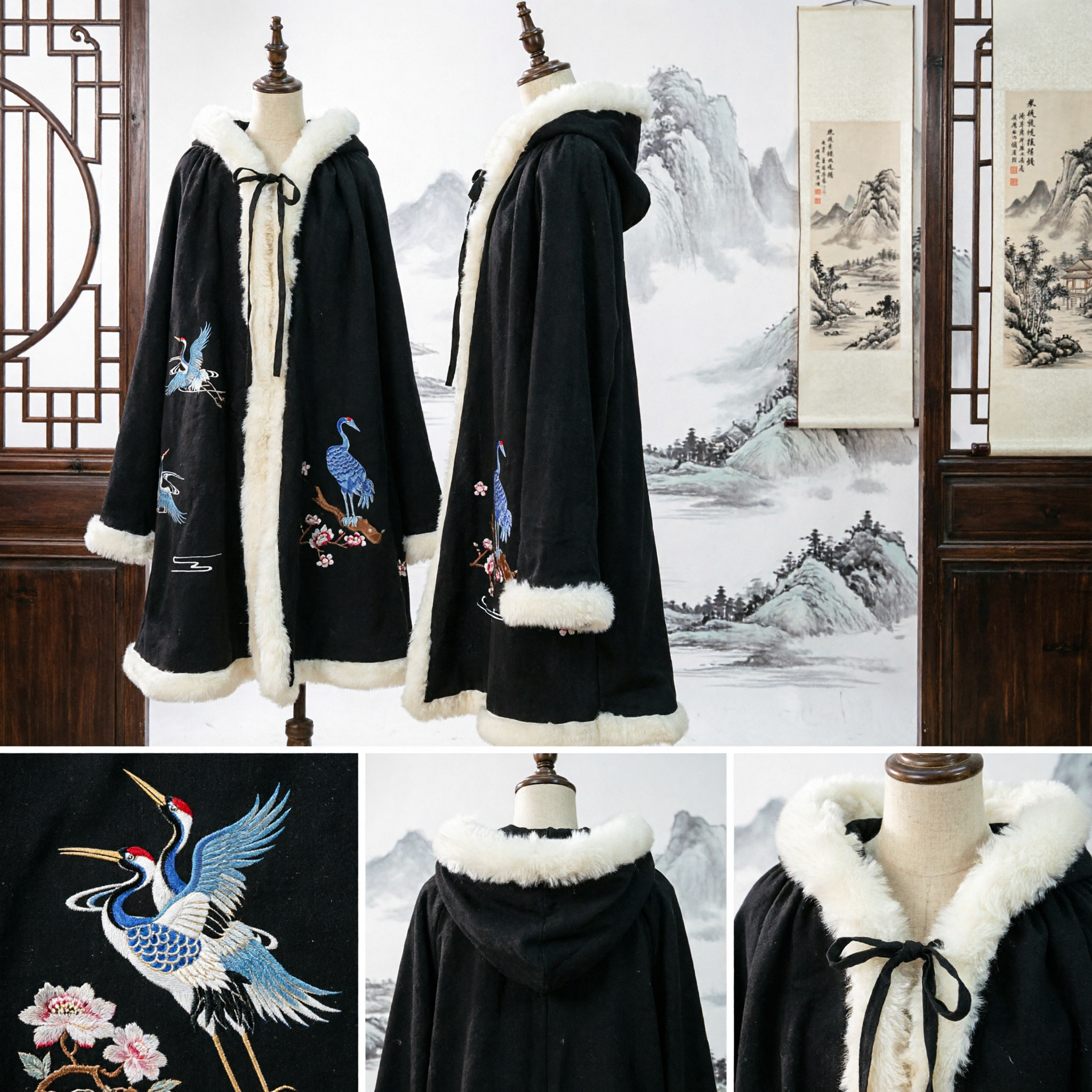 Traditional Chinese Hanfu Winter Cloak Black Embroidered Crane Cape with White Fur Trim for Women