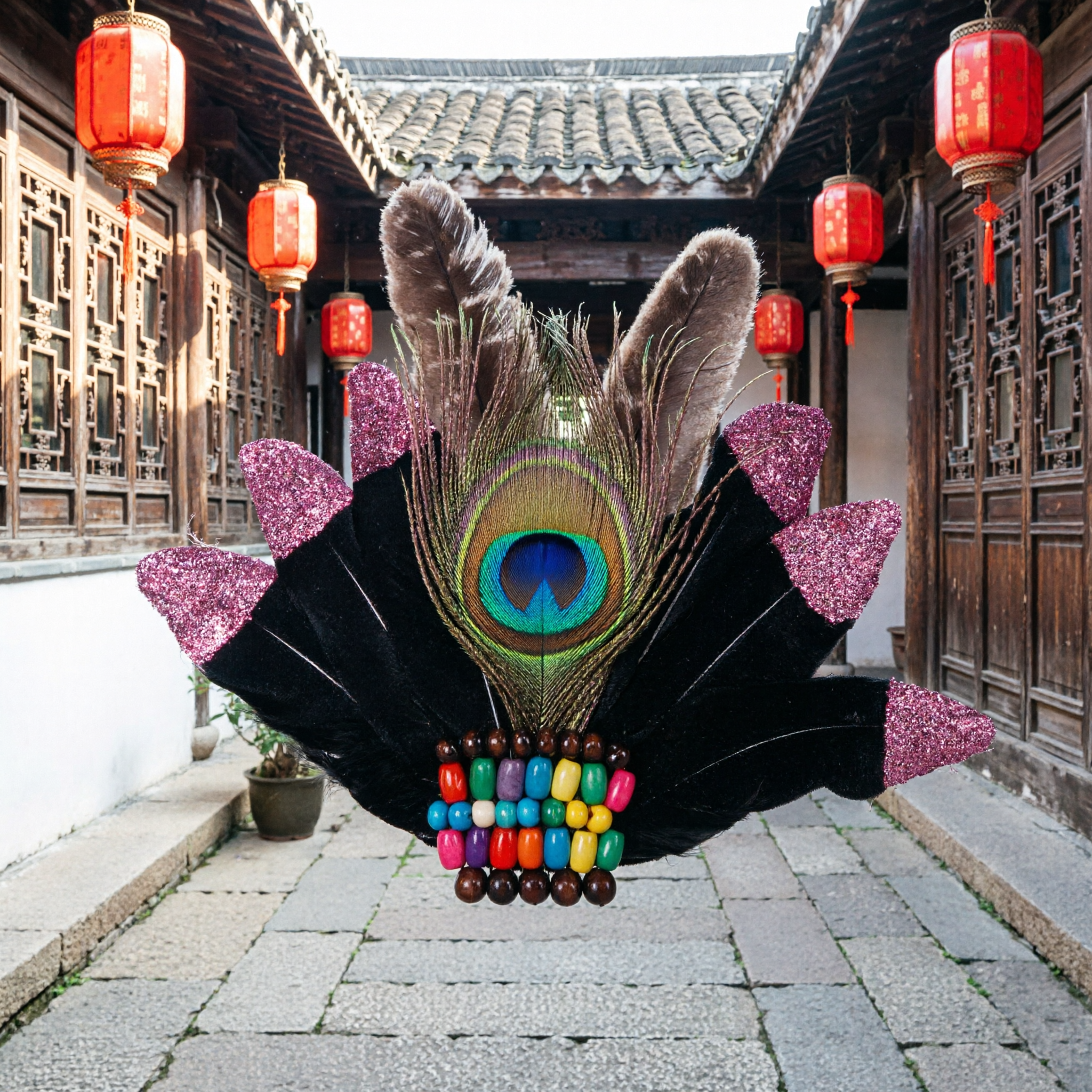 Traditional Ethnic Feather Headdress with Peacock Plumes and Colorful Beads for Carnival Dance Performance Costume