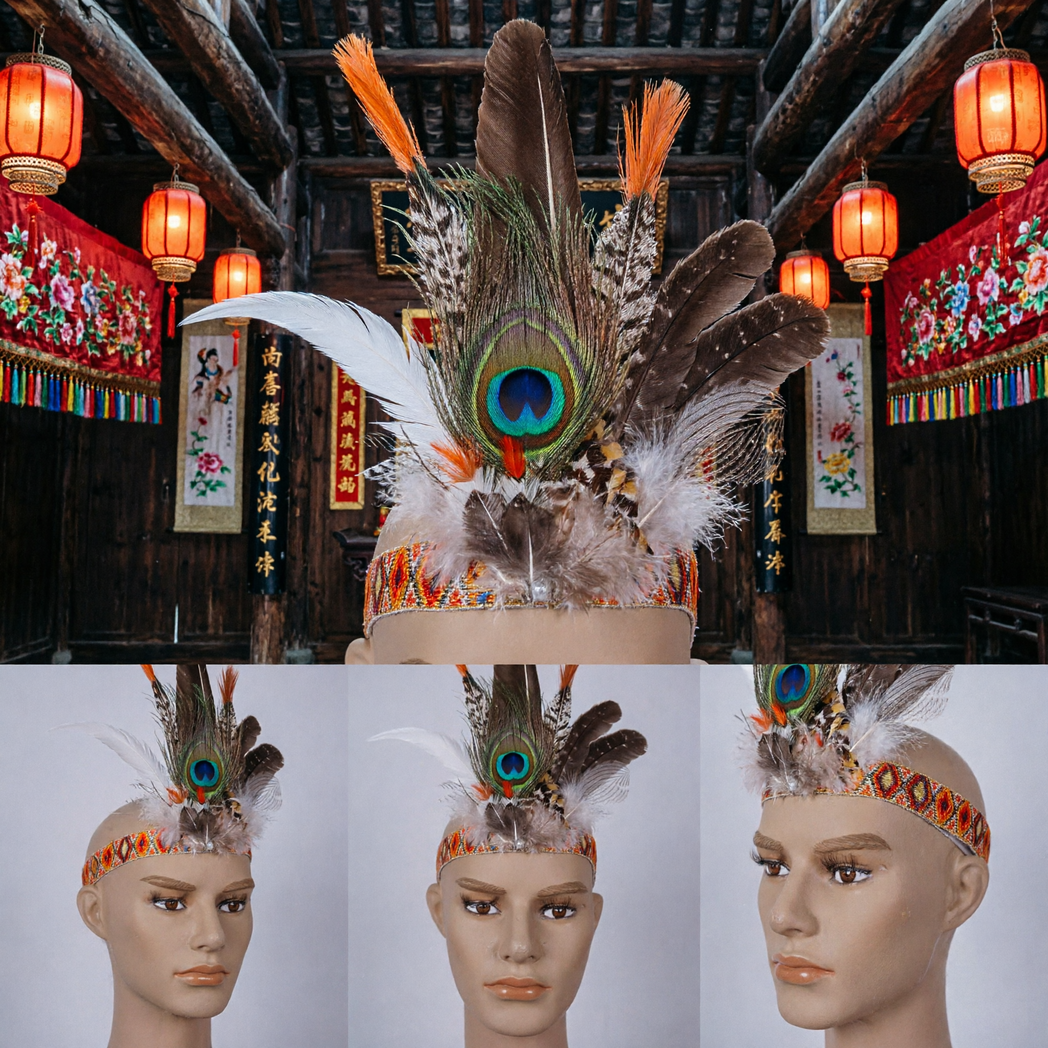 Handmade Native American Style Feather Headdress with Peacock Feather for Men Women Carnival Party Costume Headband