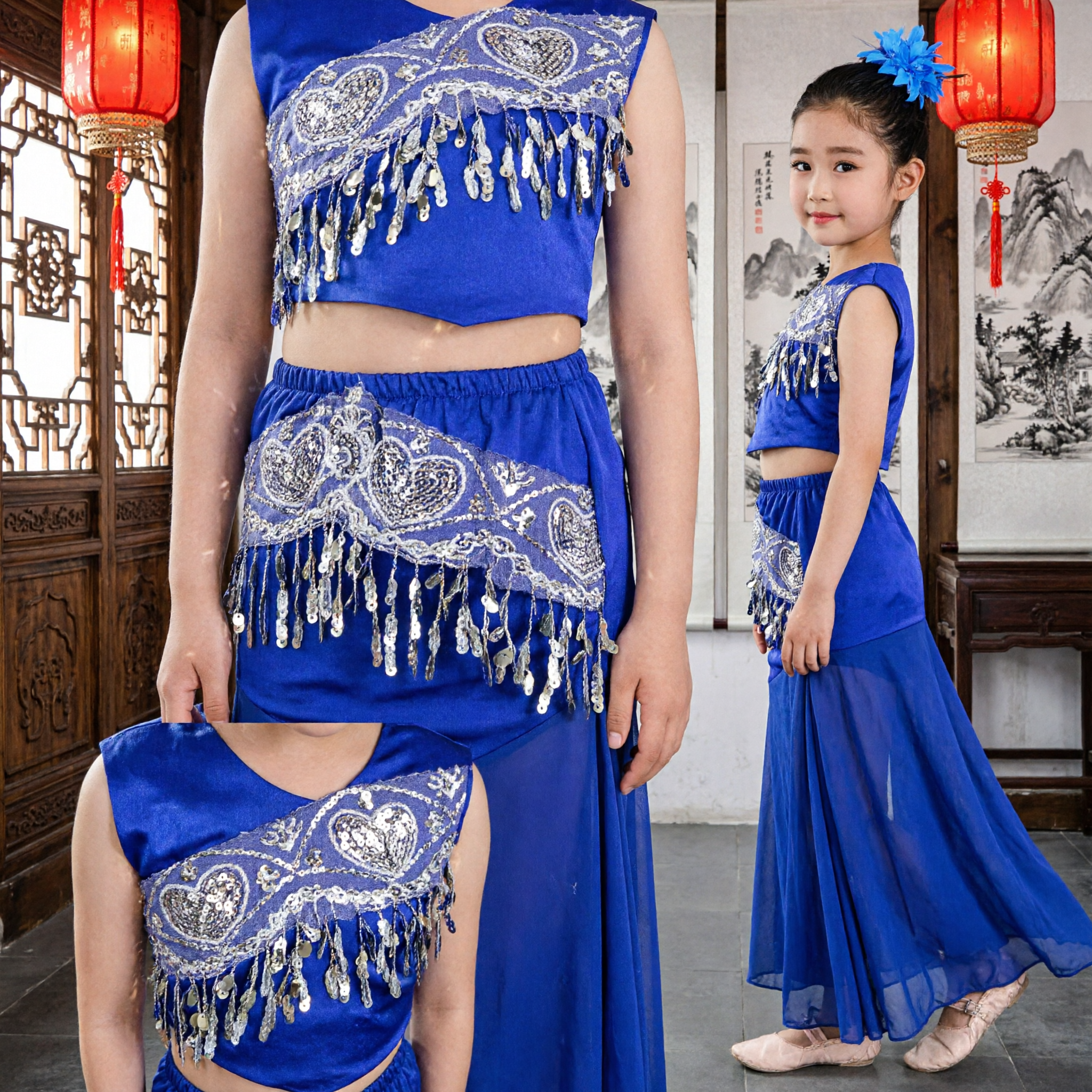 Blue Dai Ethnic Dance Costume for Girls Kids Traditional Stage Performance Outfit with Sequins and Fringe