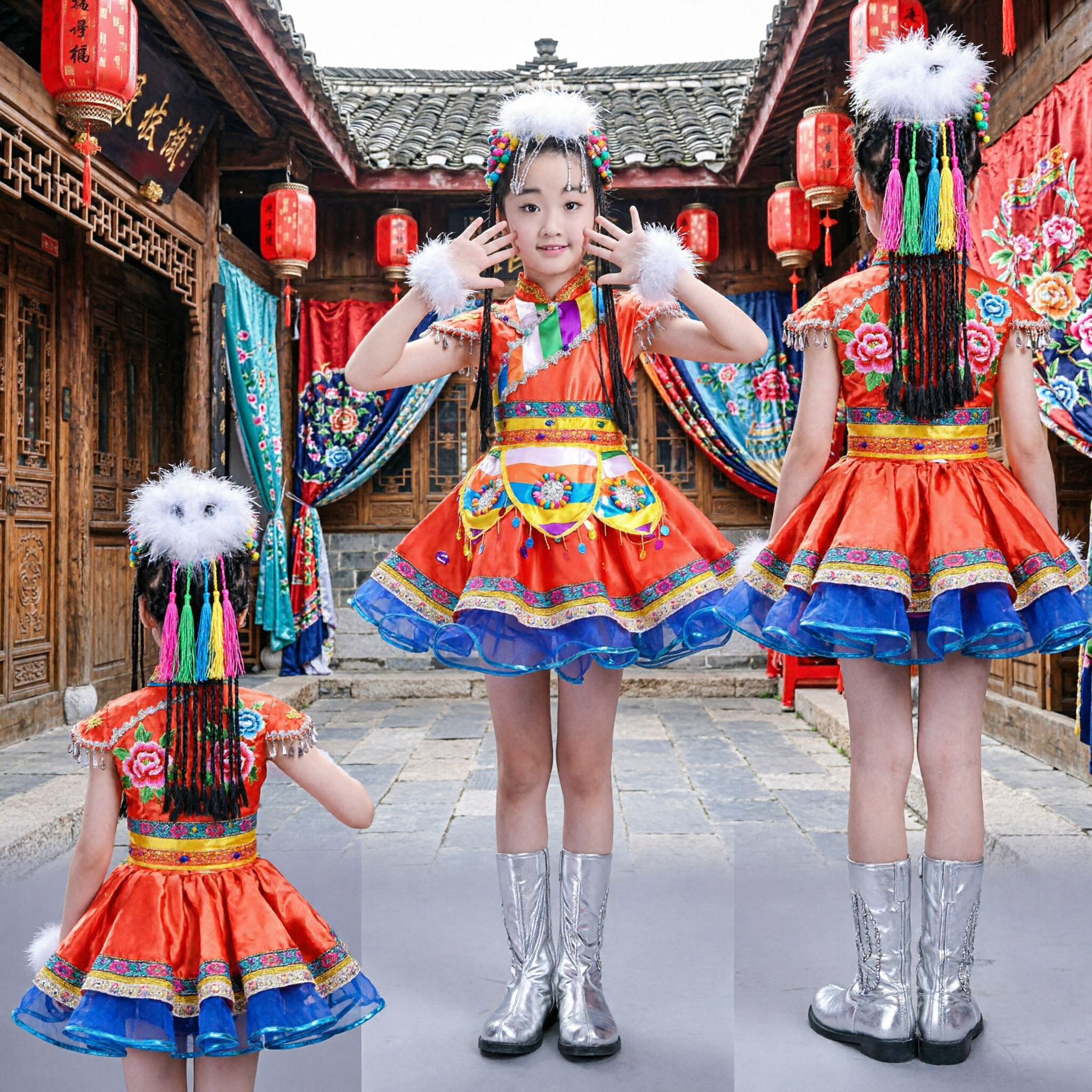 Traditional Children's Ethnic Folk Dance Costume Girls Stage Performance Dress with Headpiece for Cultural Shows