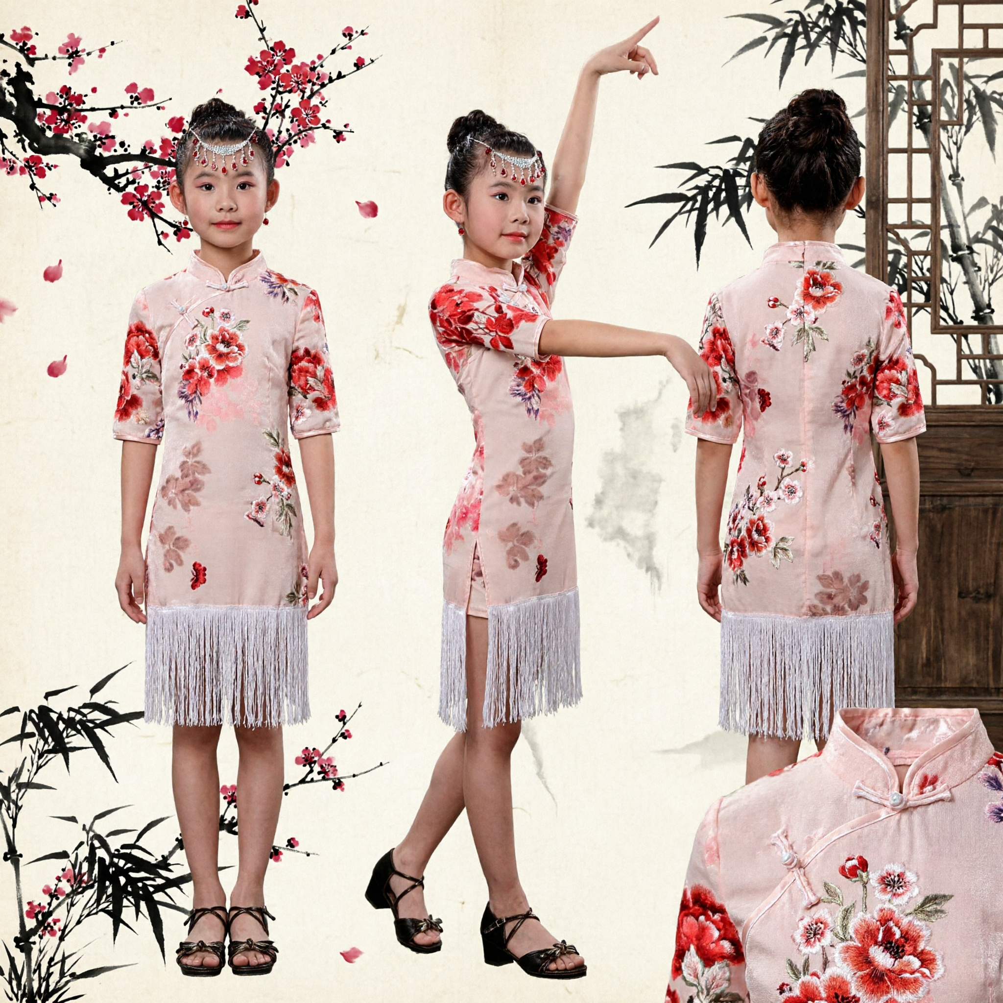 Traditional Chinese Kids Girls Dance Costume Floral Cheongsam Dress with Fringe Folk Performance Outfit