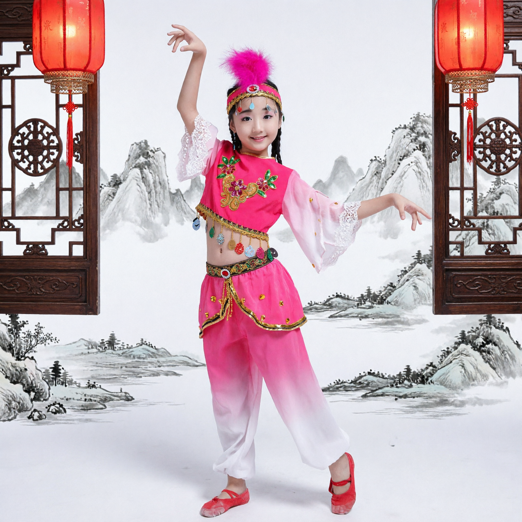 Girls Pink Xinjiang Dance Costume Children Folk Performance Stage Outfit with Embroidery and Coins