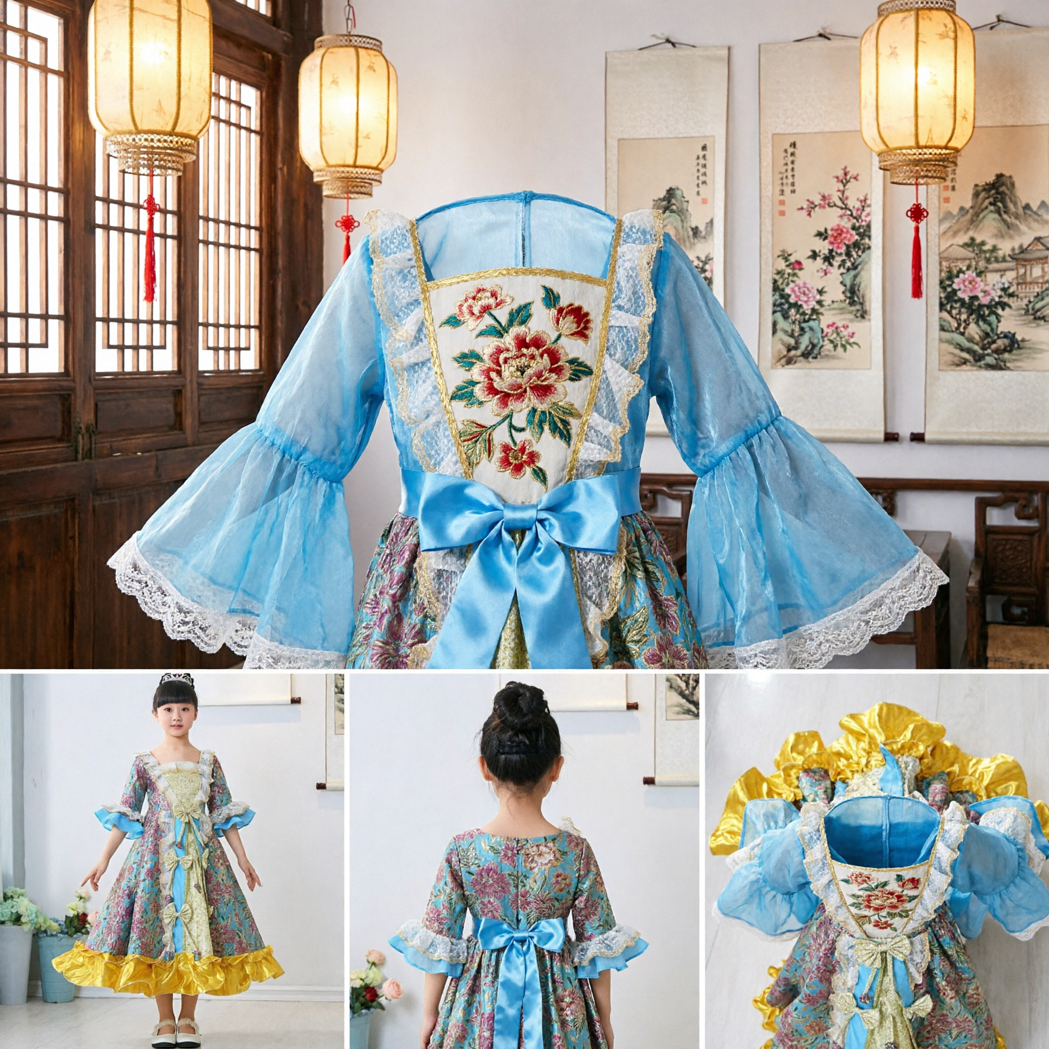 Girls Renaissance Princess Costume Floral Bell Sleeve Dress Baroque Gown for Halloween Cosplay Party